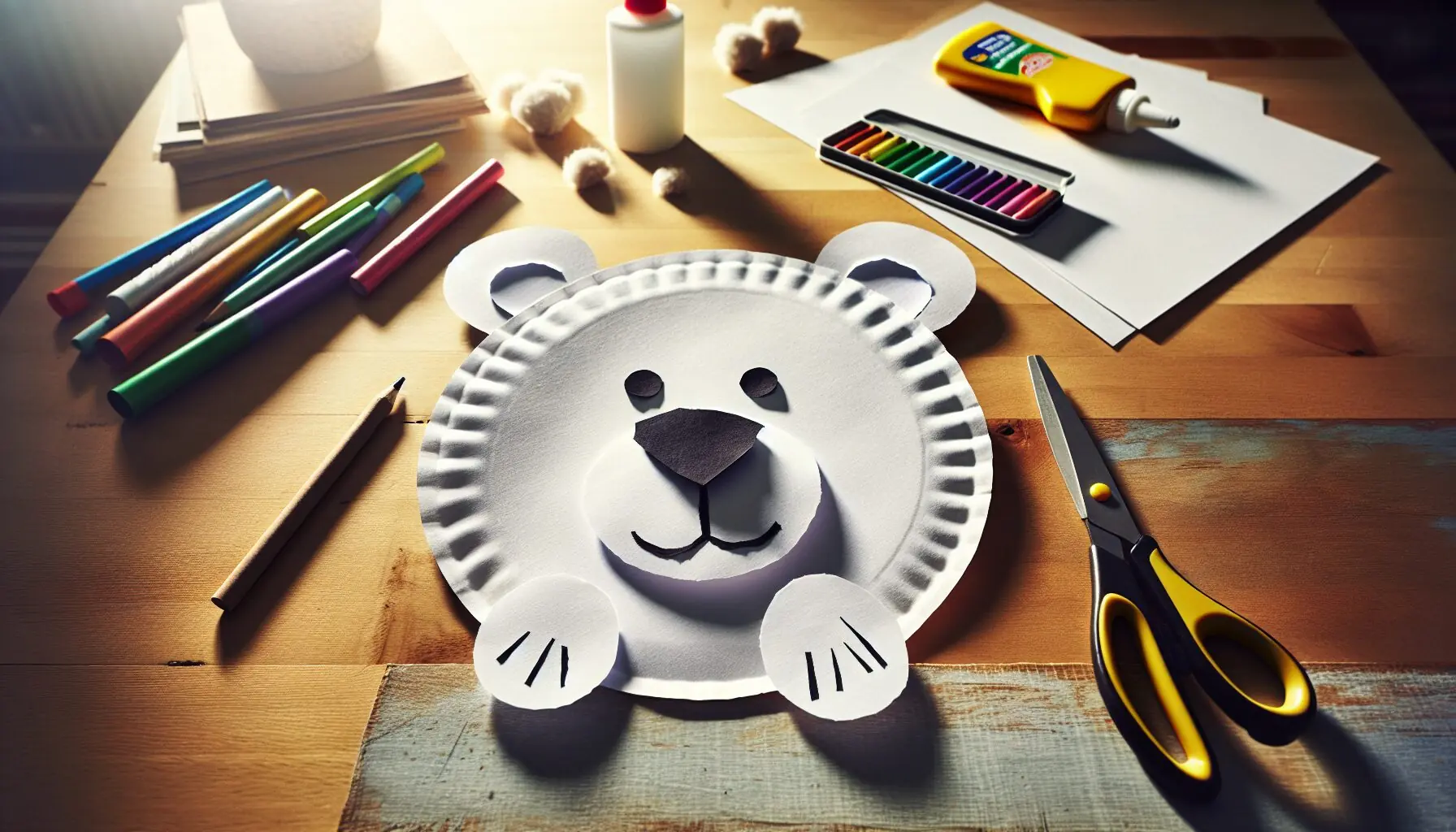 Generate an image of a completed animal craft, like a paper plate polar bear with paper cutout ears.