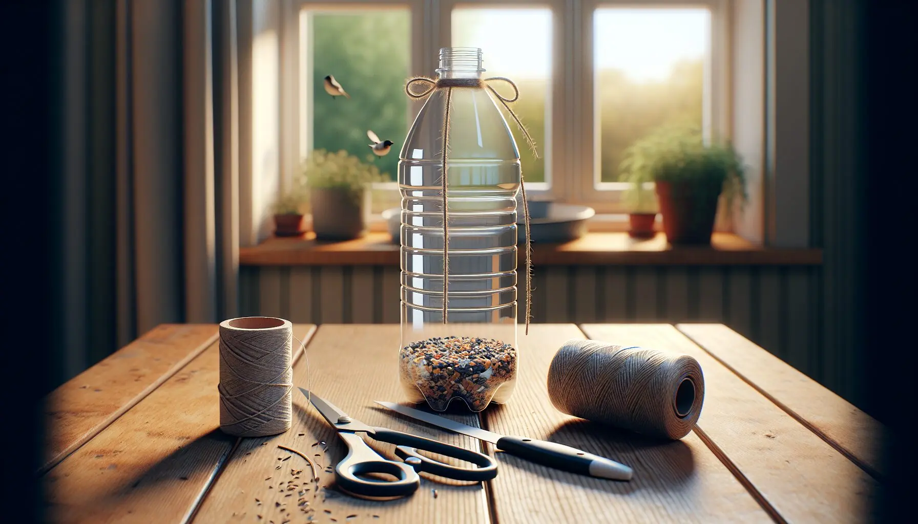 Create an image of a simple DIY bird feeder made from a plastic bottle, suspended and filled with bird seeds.