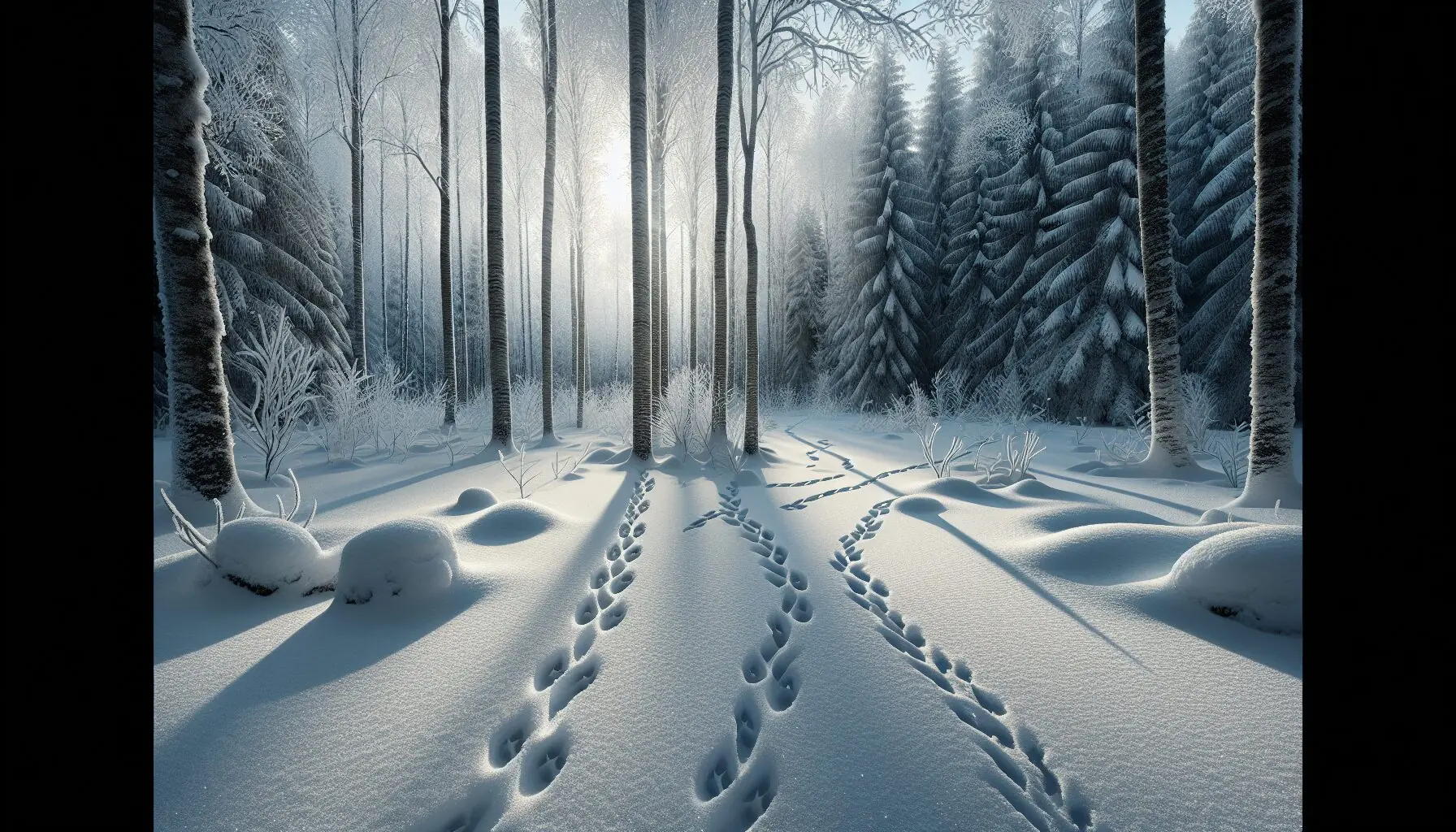 Generate an image of snowy woodland with animal tracks leading into a dense forest.