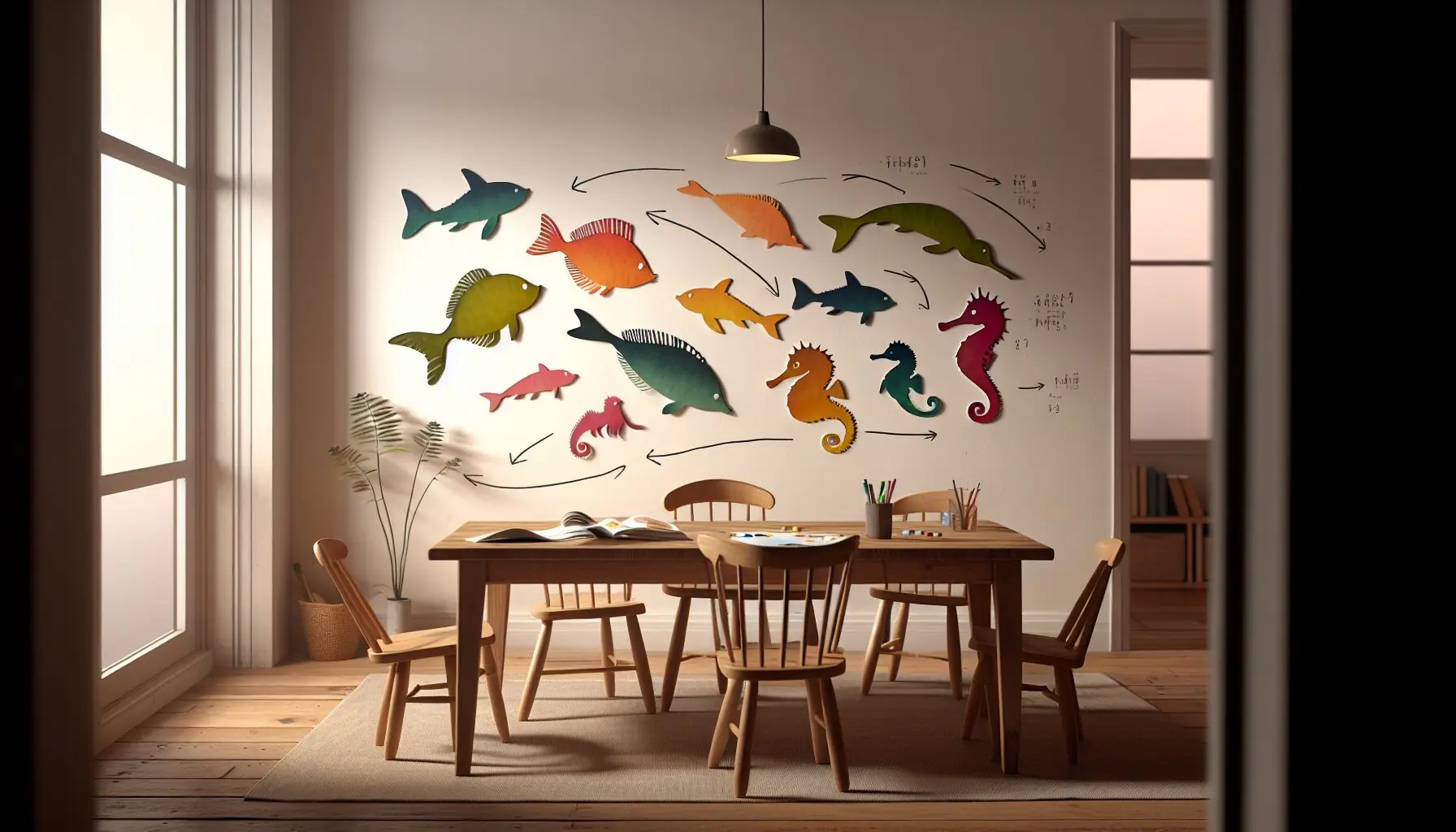 Design an infographic showing silhouettes of various sea creatures with arrows indicating movement directions.