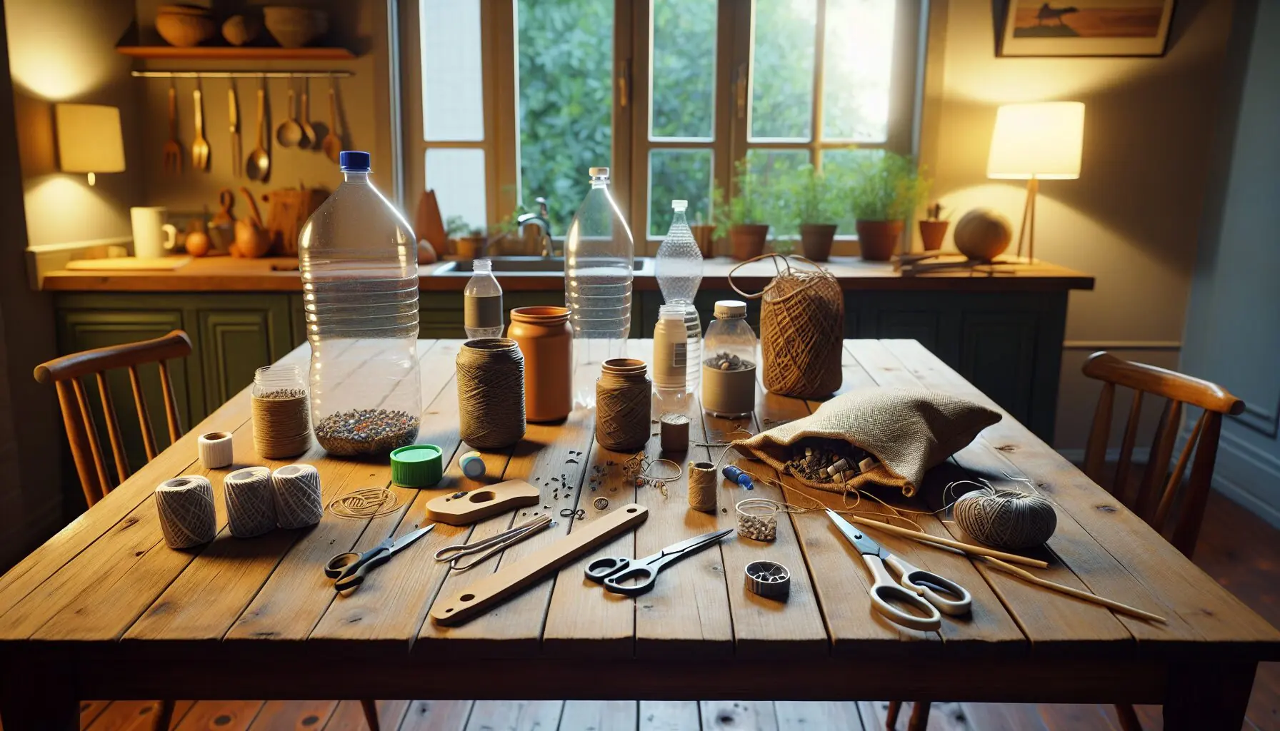 Generate an image of assorted recyclable materials like plastic bottles and strings on a wooden table.