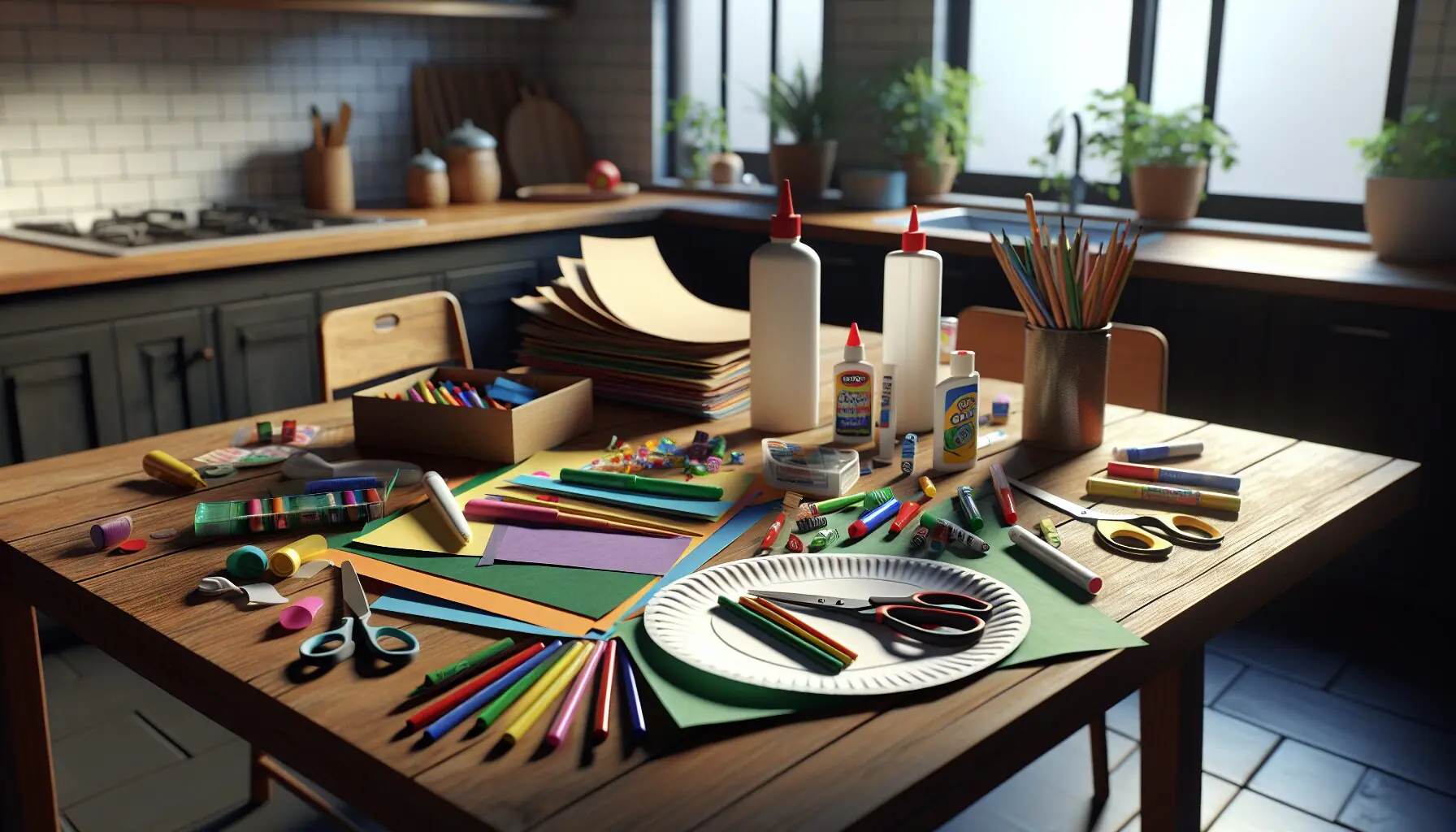 Generate an image of craft materials: paper plates, colorful paper, scissors, glue, and markers.