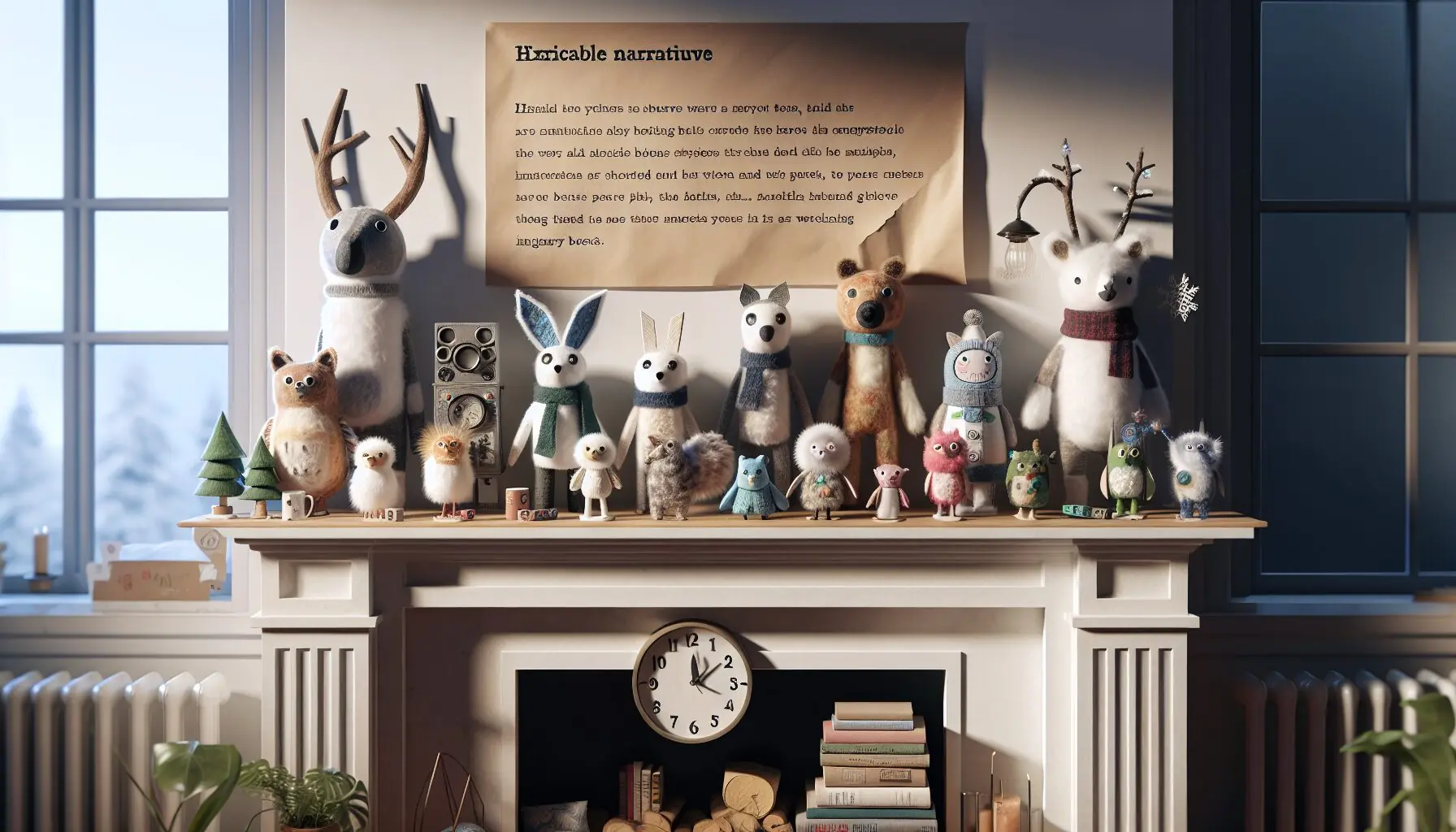 Generate an image of a cozy living room with children's crafts displayed on a mantle.