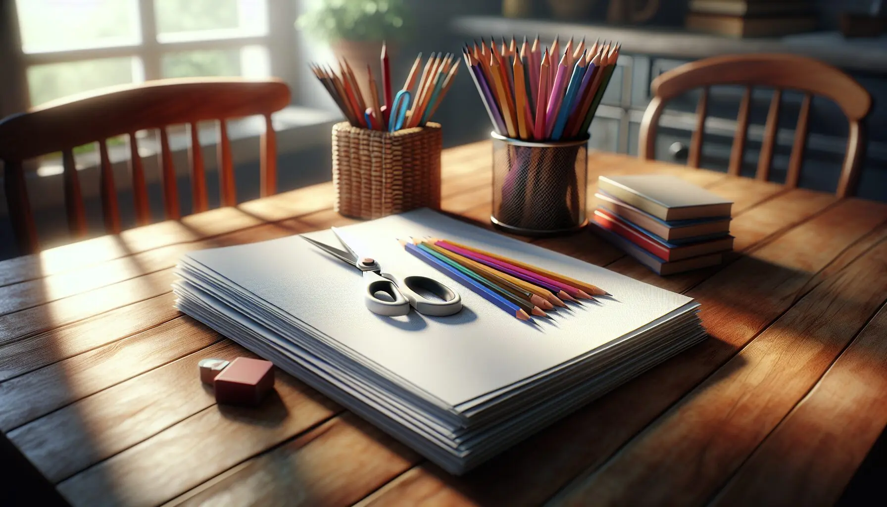 Generate an image of a neat pile of white paper with scissors and colorful pencils.