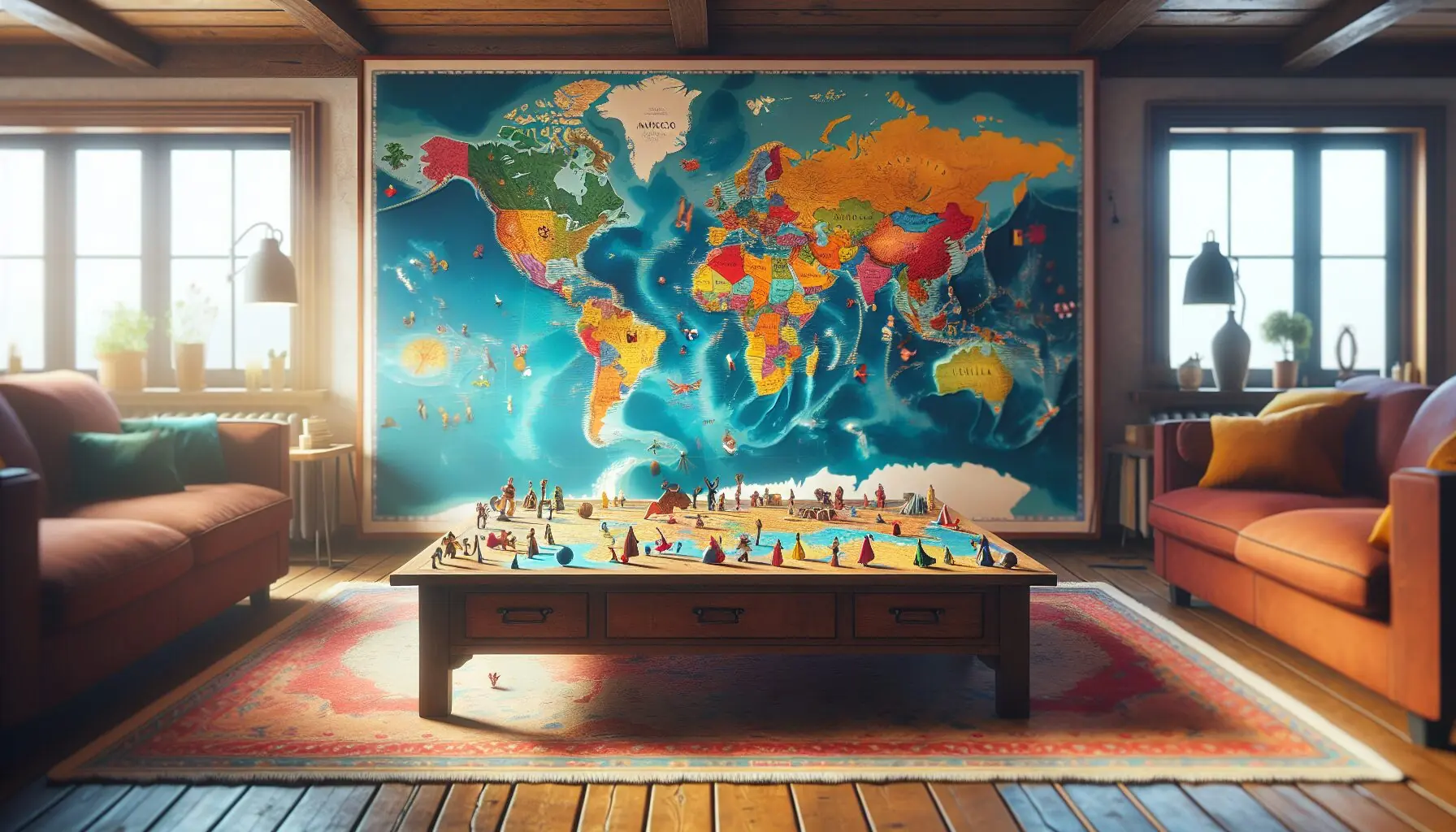 Generate an image of colorful world maps with dancing icons scattered across different countries.