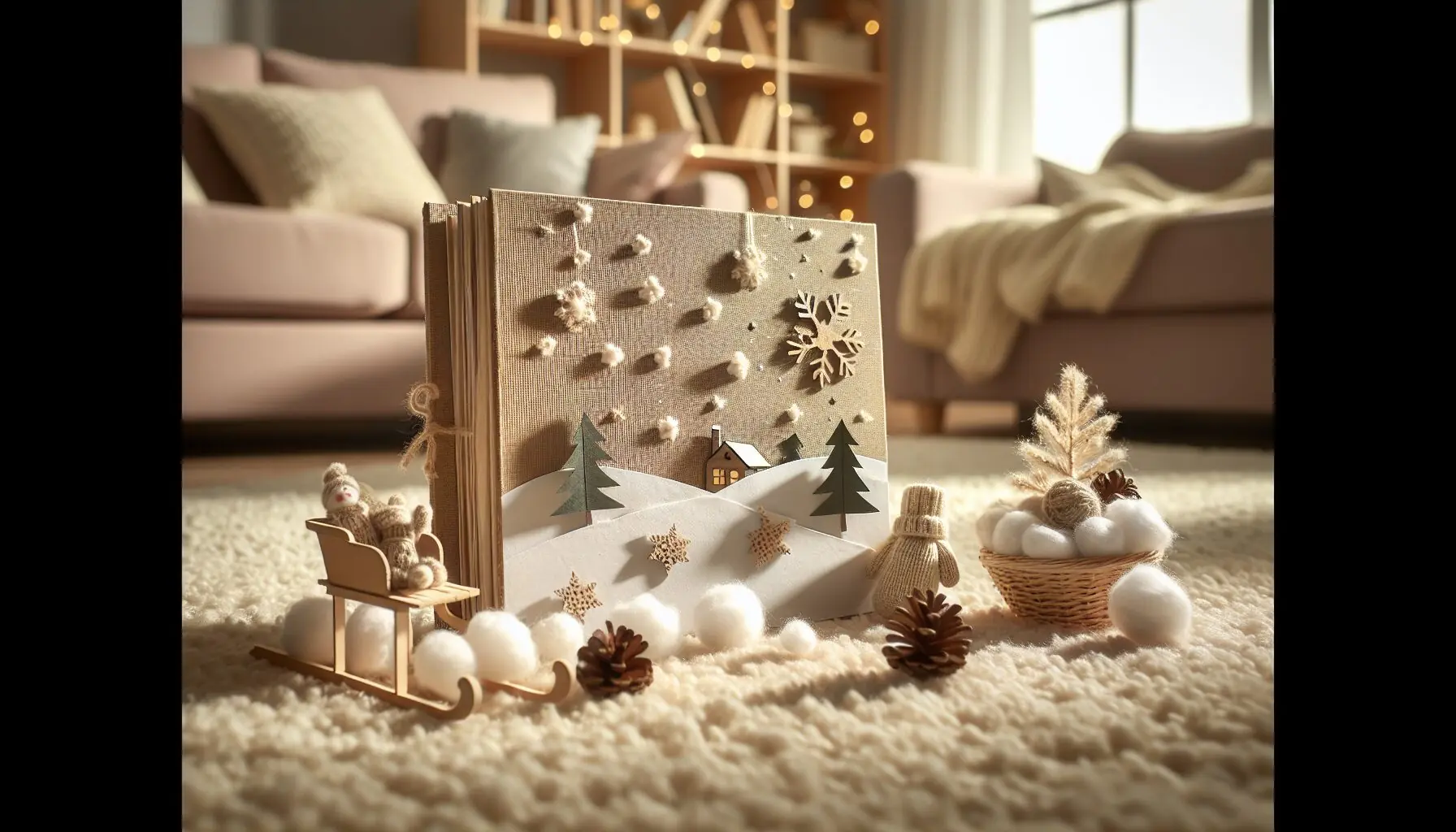 Generate an image of a joyful child holding a handmade storybook, surrounded by winter props.