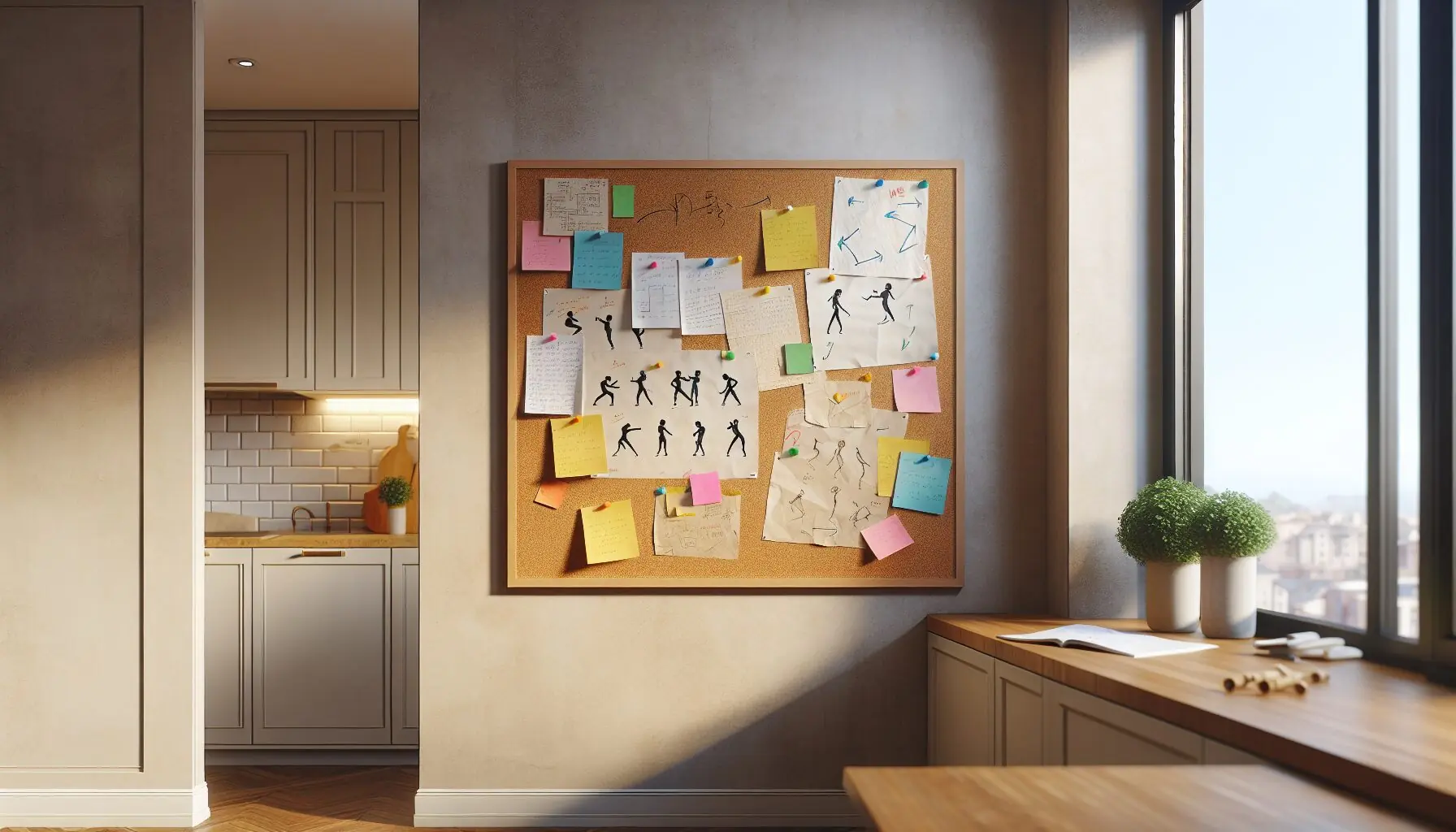 Generate an image of a bulletin board full of dance notes and playful illustrations of dance steps.