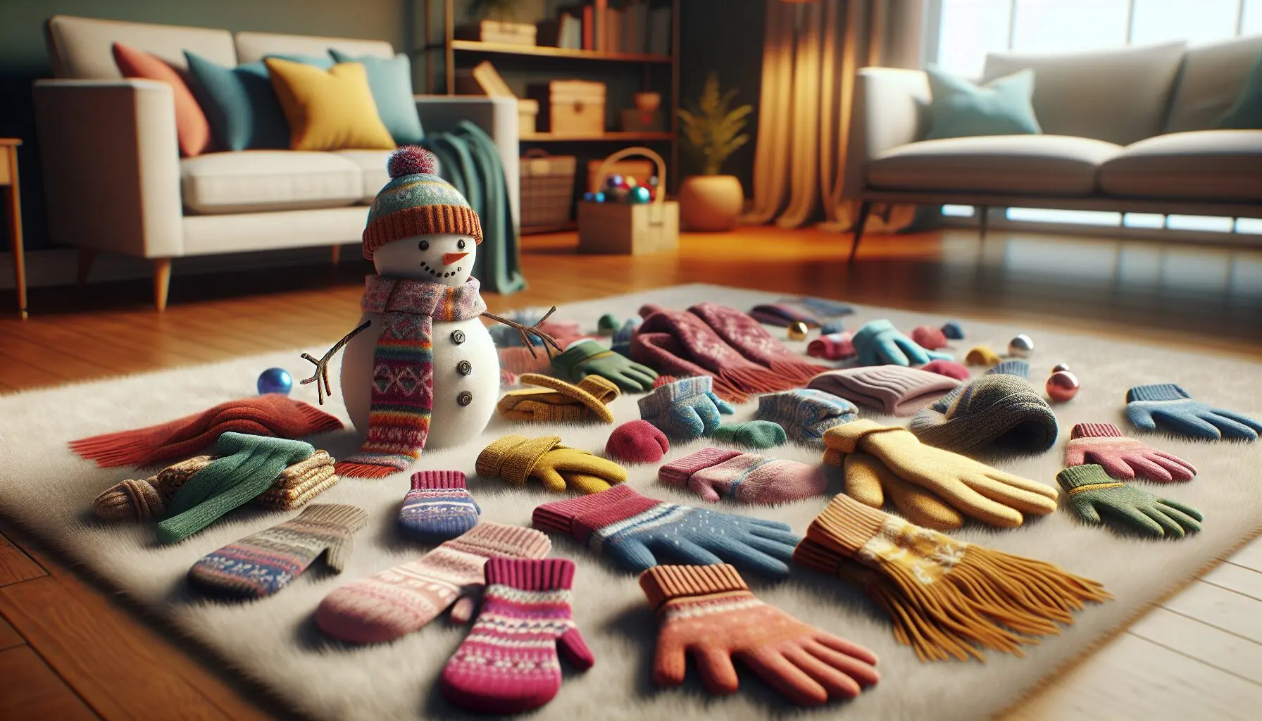 Generate an image of colorful scarves, mittens, and a toy snowman on a plush rug.