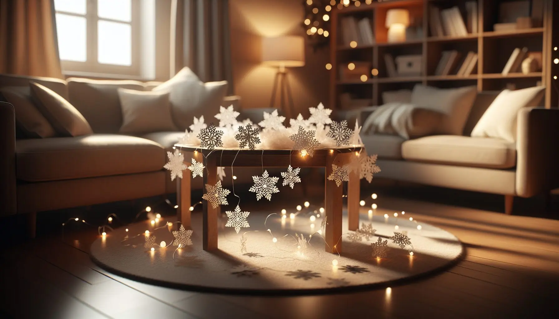 Generate an image of a whimsical stage with paper snowflakes and twinkling lights.