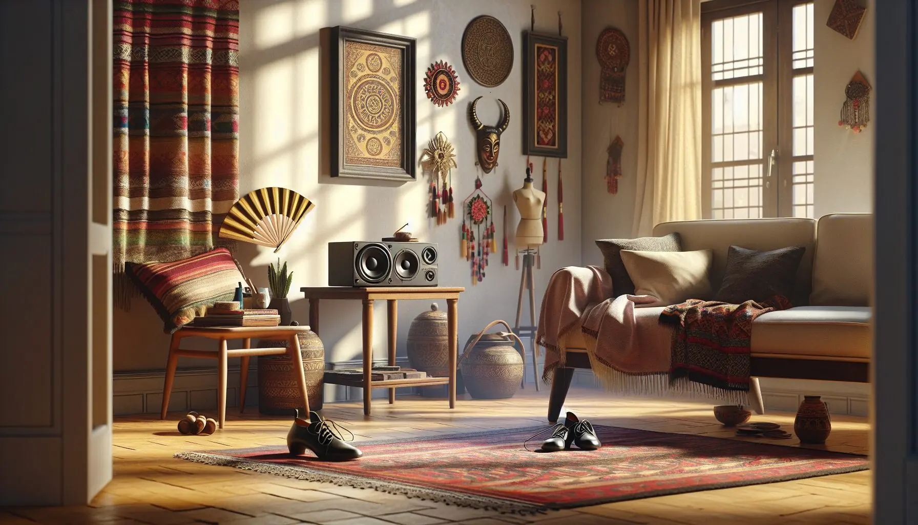 Generate an image of a child and parent dancing in a brightly lit room with woven rugs and a mix of cultural decorations.