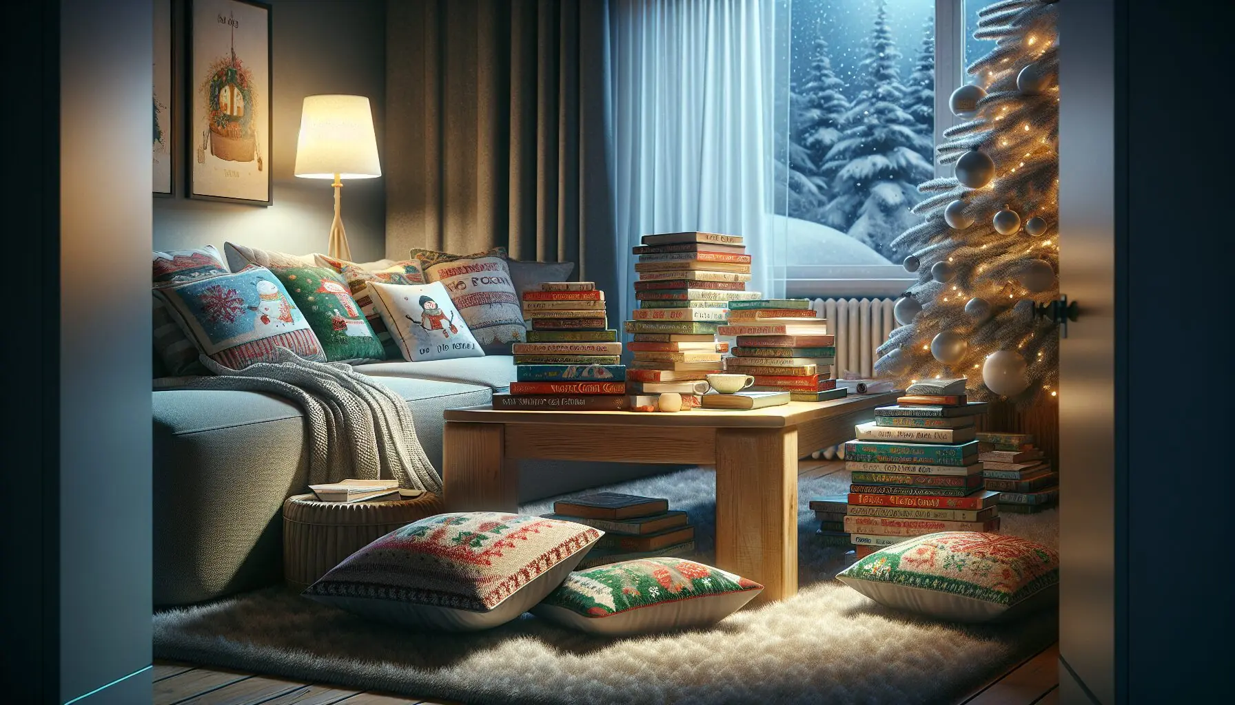 Generate an image of a cozy reading nook with a stack of winter-themed storybooks.