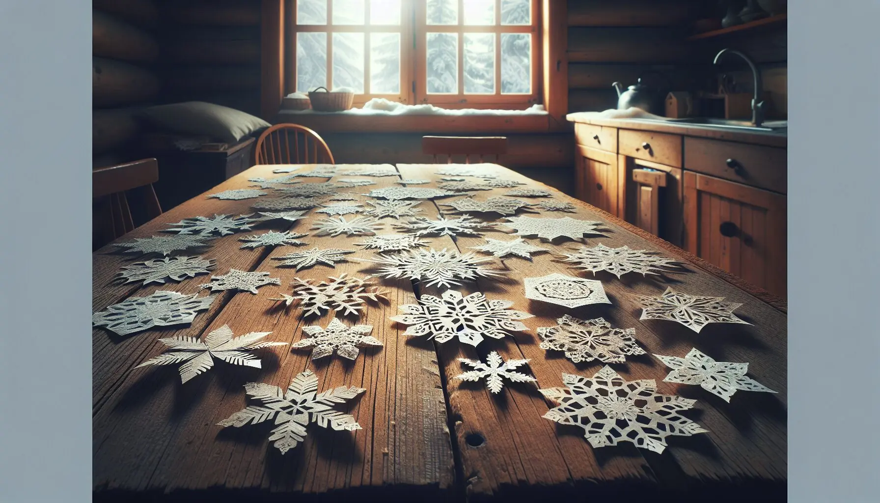 Generate an image of paper snowflakes, each unique, scattered across a wooden table.