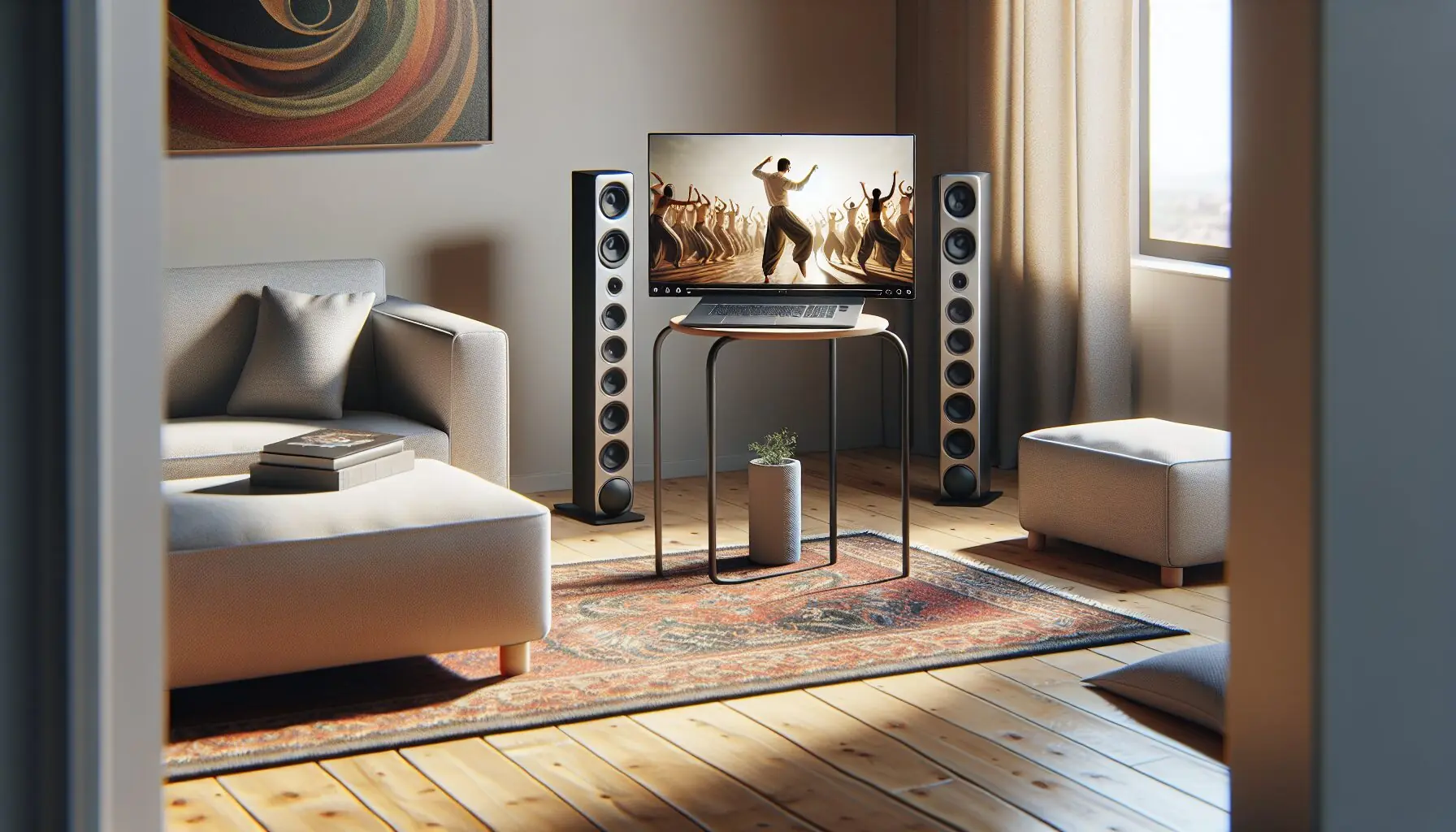 Generate an image of a simple, cozy living room setup with a laptop and speakers for watching dance videos.
