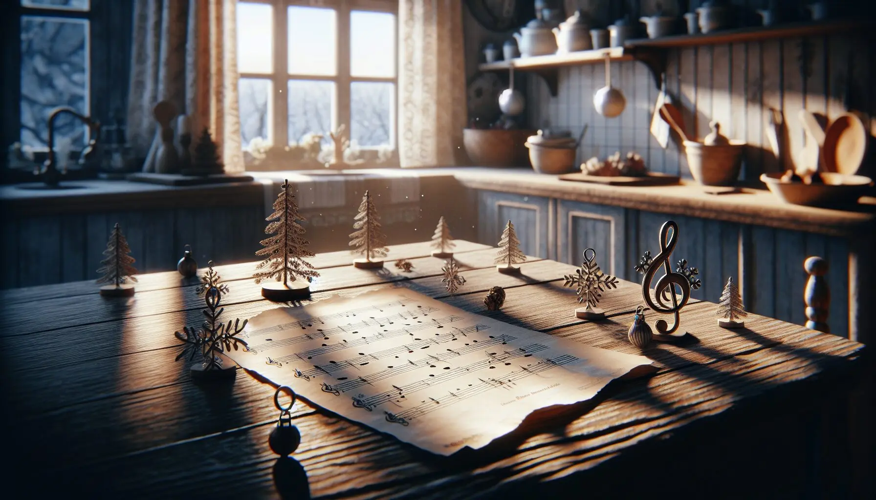 Generate an image of music sheets surrounded by snowflakes and treble clefs.