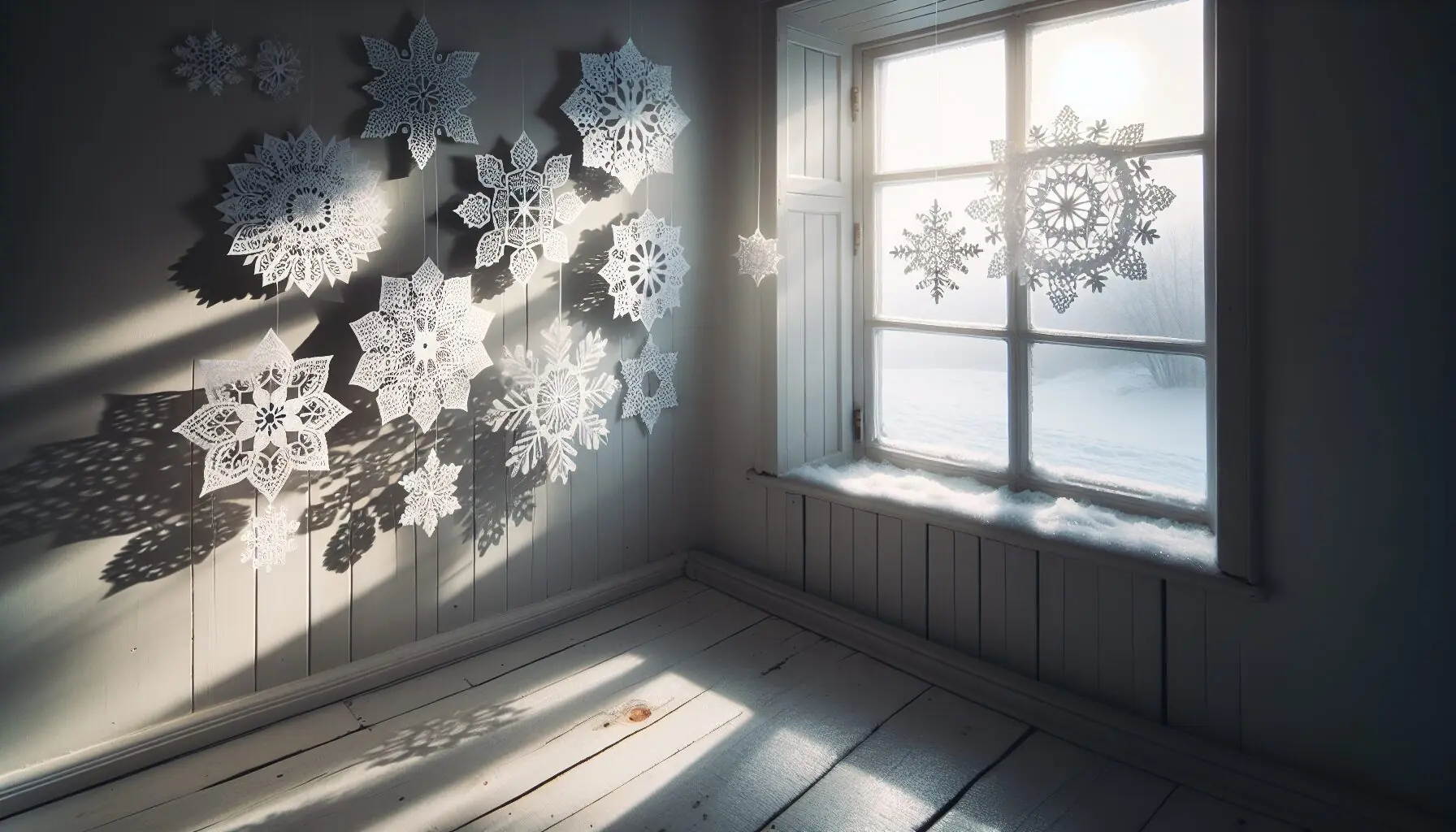 Generate an image of the paper snowflakes hung as decorations by a window.