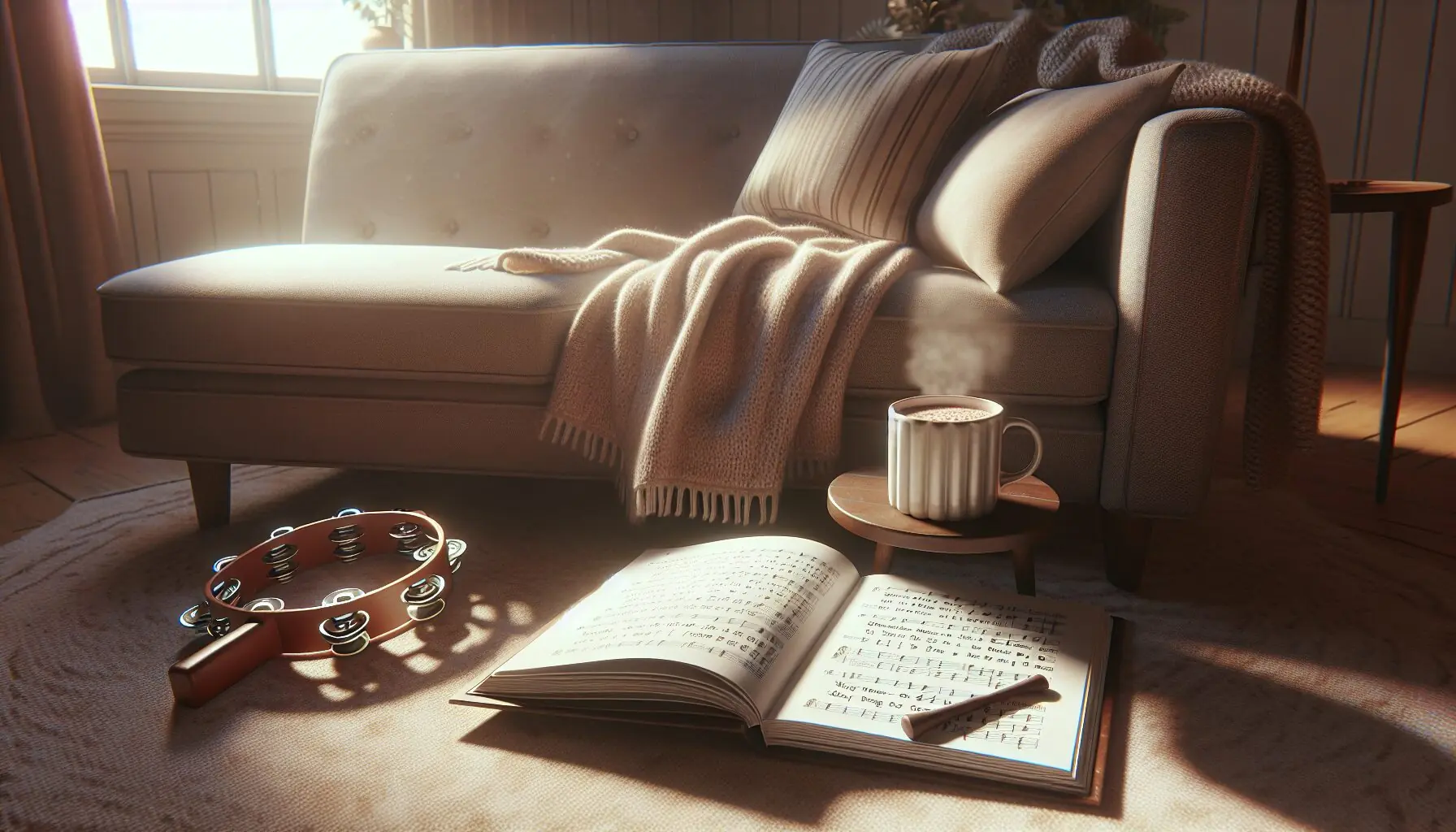 Generate an image of a cozy living room setting with a mug of hot cocoa, a songbook, and a playful tambourine on the couch.