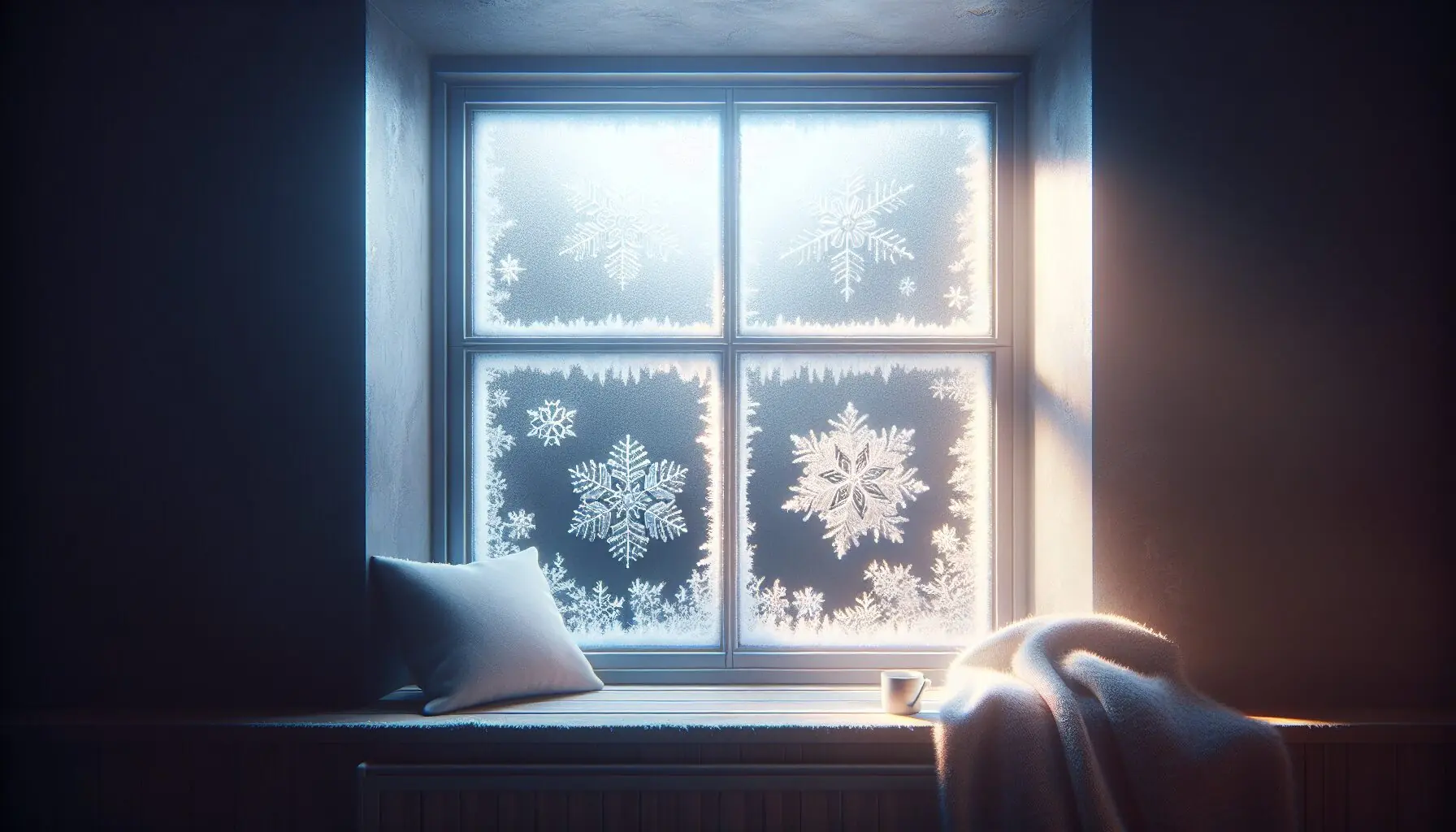 Generate an image of a child peering through a frosted winter window at snowflakes.