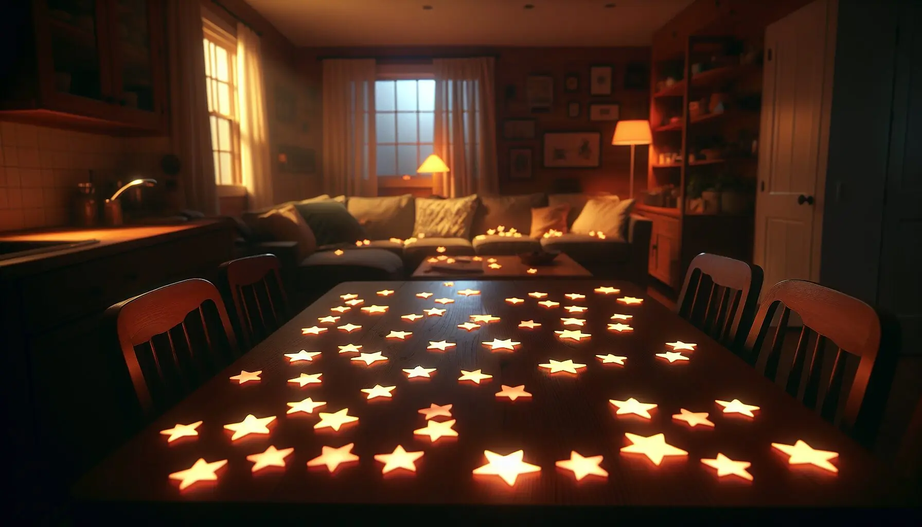 Generate an image of glow-in-the-dark star stickers scattered on a table.