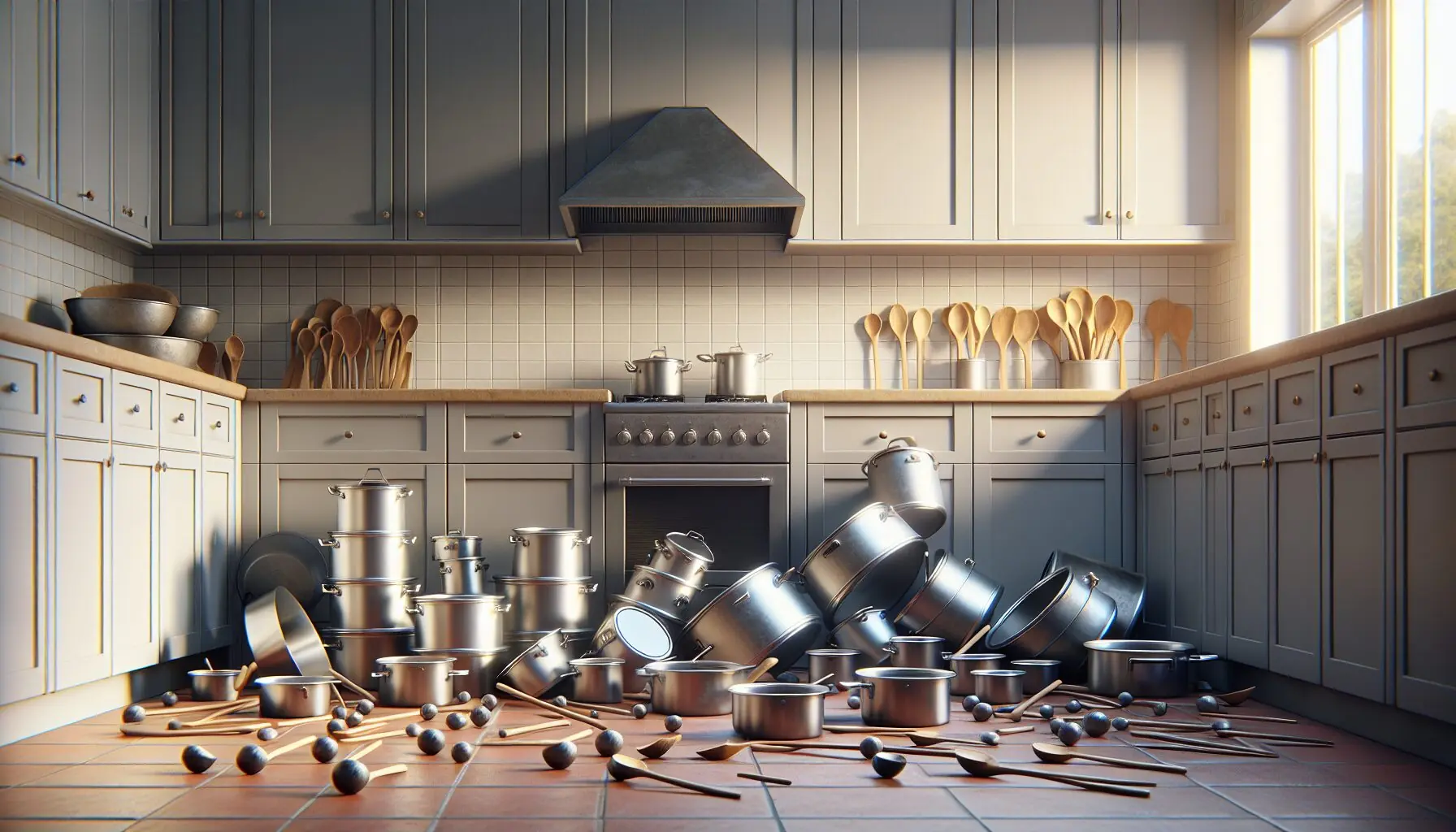 Generate an image of pots and pans arranged on a kitchen floor with wooden spoons nearby.
