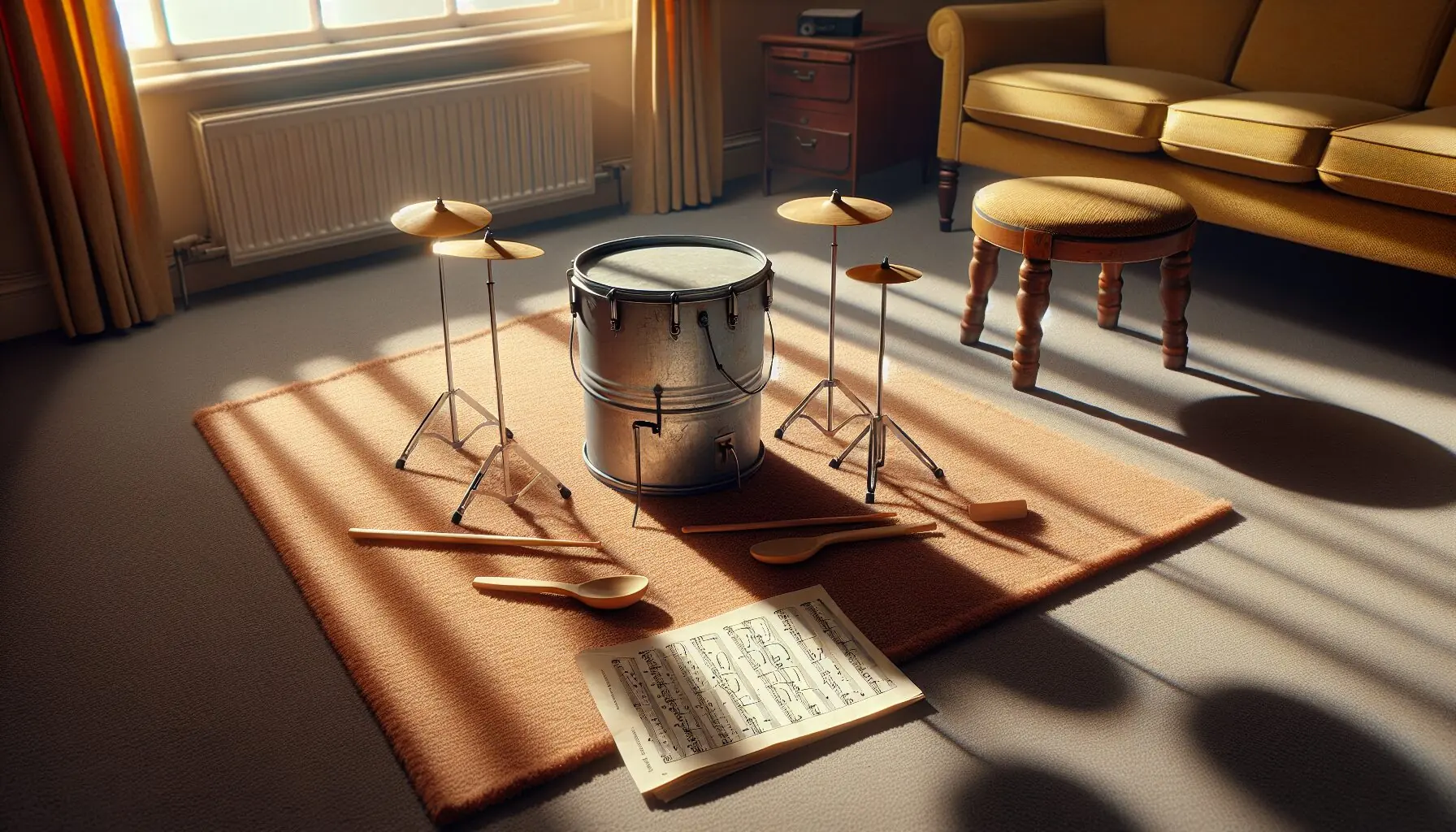 Generate an image of a sheet of music notes next to homemade drum setup.