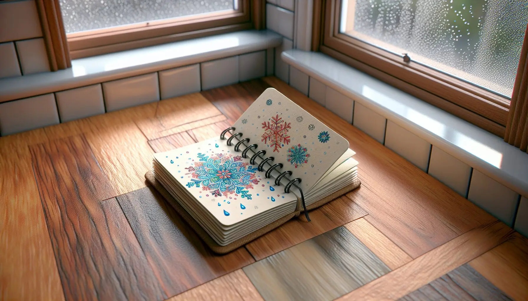 Generate an image of a small notebook open on a table with colorful doodles of snowflakes and raindrops.