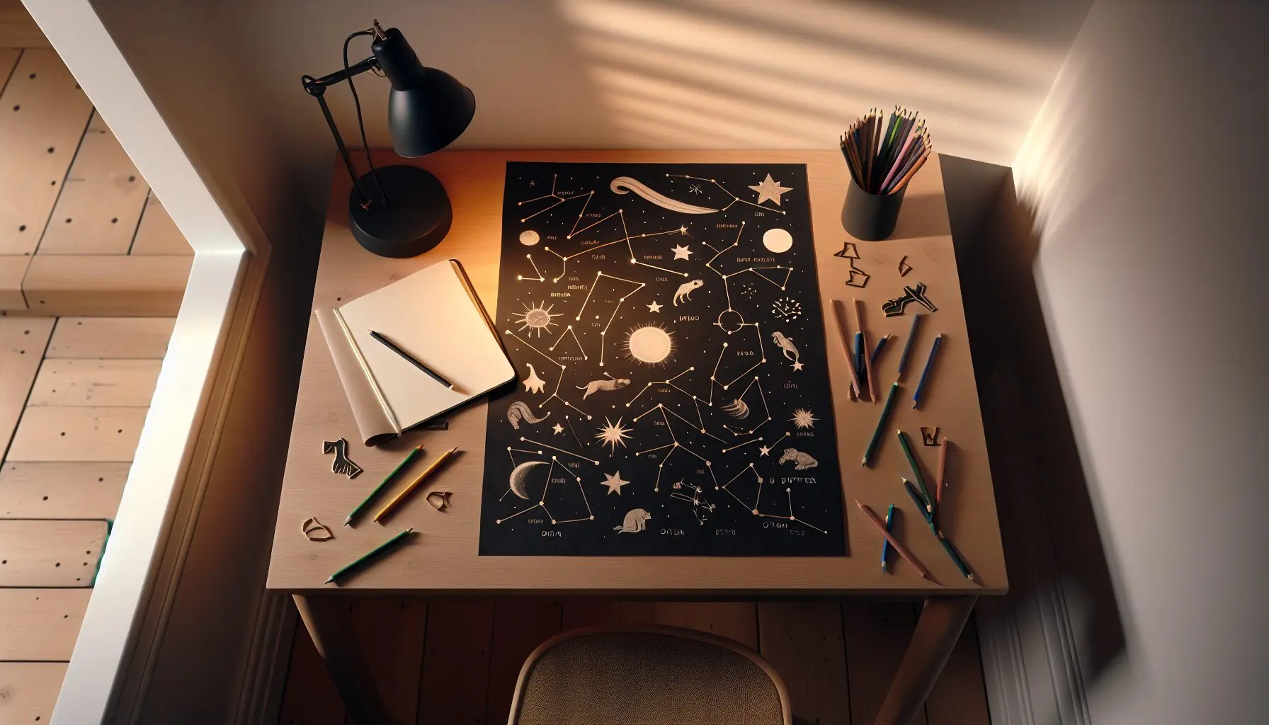 Generate an image of whimsical drawn constellations on a black background with playful names.