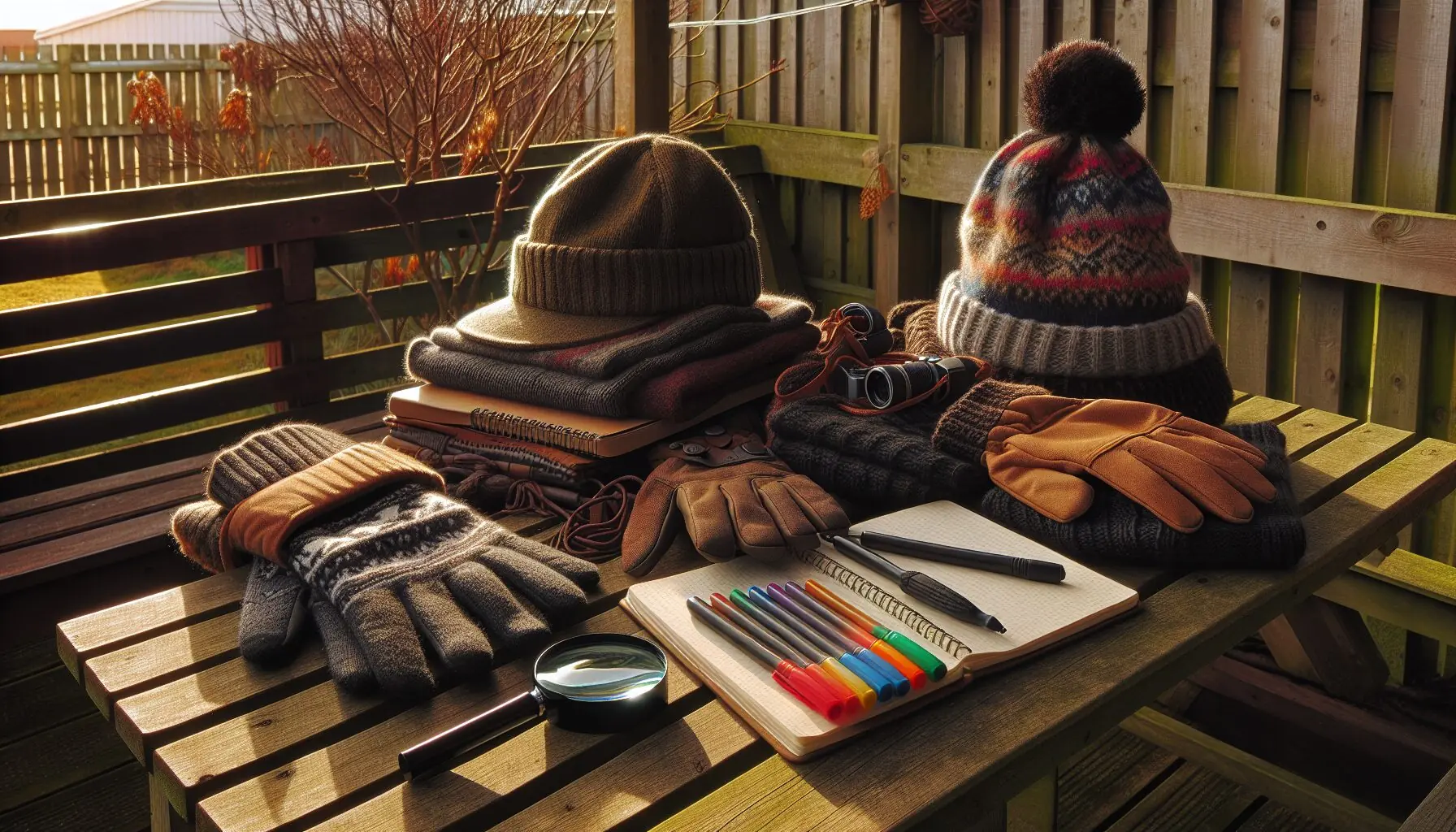 Generate an image of warm winter clothing—hats, scarves, gloves—arranged neatly on a bench next to a magnifying glass.