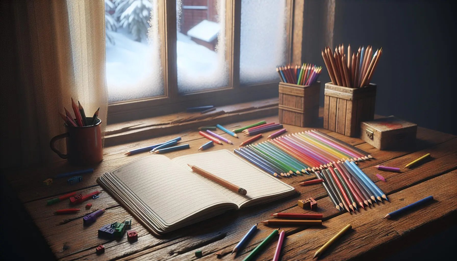 Generate an image of a child's hand holding a notebook and crayons amidst winter scenery.
