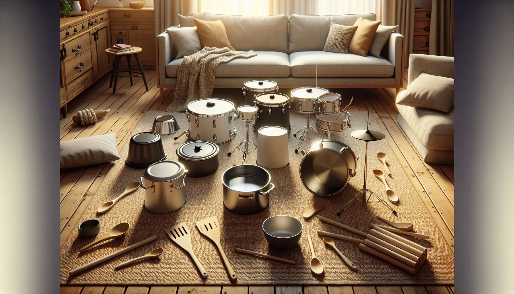 Generate an image of a child-friendly setup of various kitchen pots and pans arranged like a drum set.