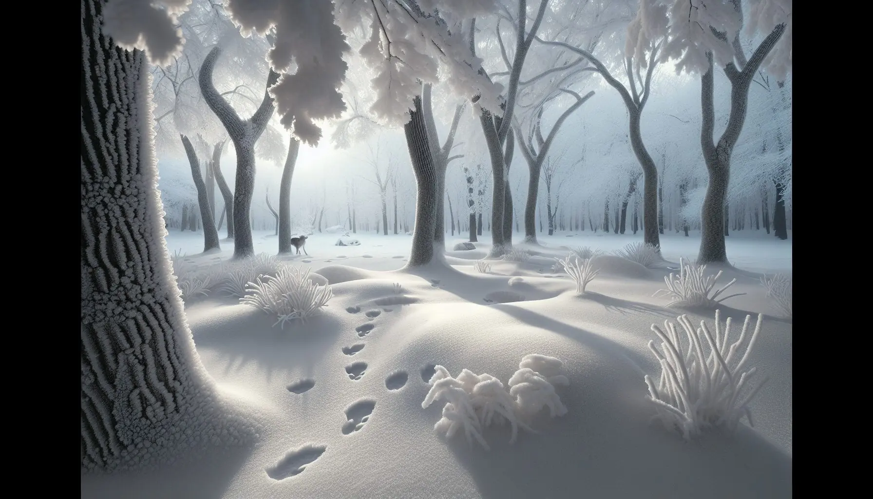 Generate an image of a snowy park with frost-covered trees and animal tracks on the ground.