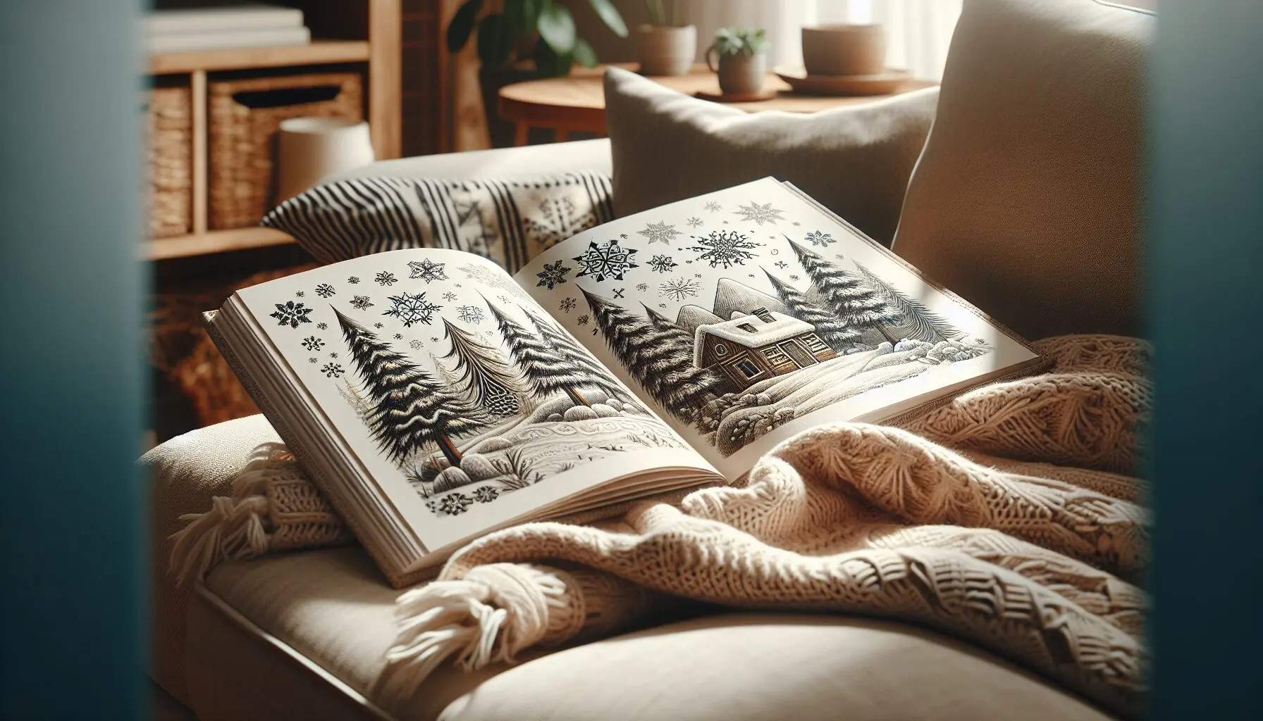 Generate an image of an open book with winter-themed illustrations, surrounded by a cozy blanket.