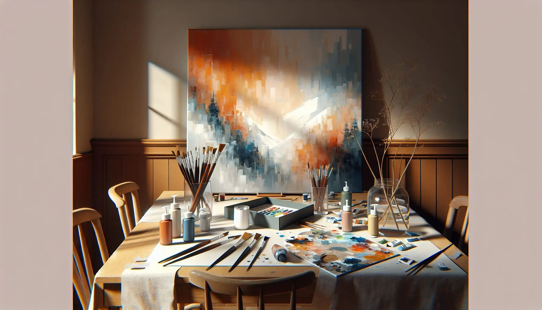 Generate an image of an abstract painting featuring warm winter colors like orange, white, and blue on a canvas.