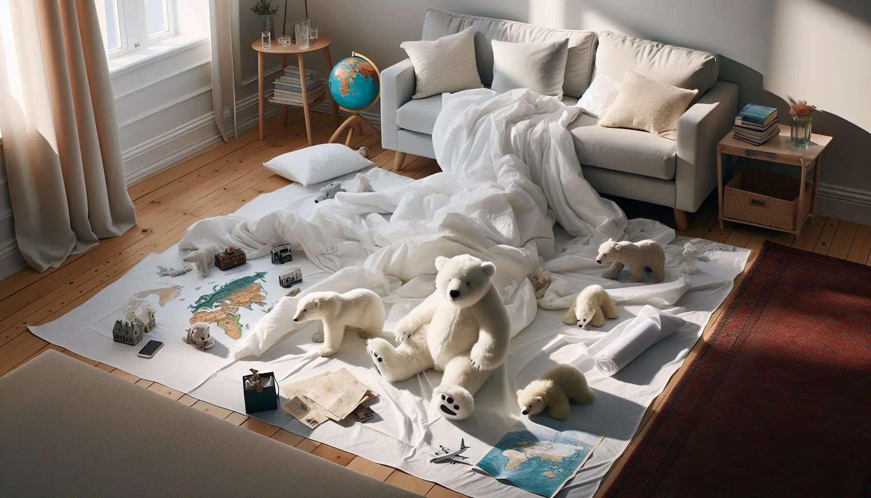 Generate an image of a white sheet spread out with plush toys and a map, evoking an Arctic exploration setup.