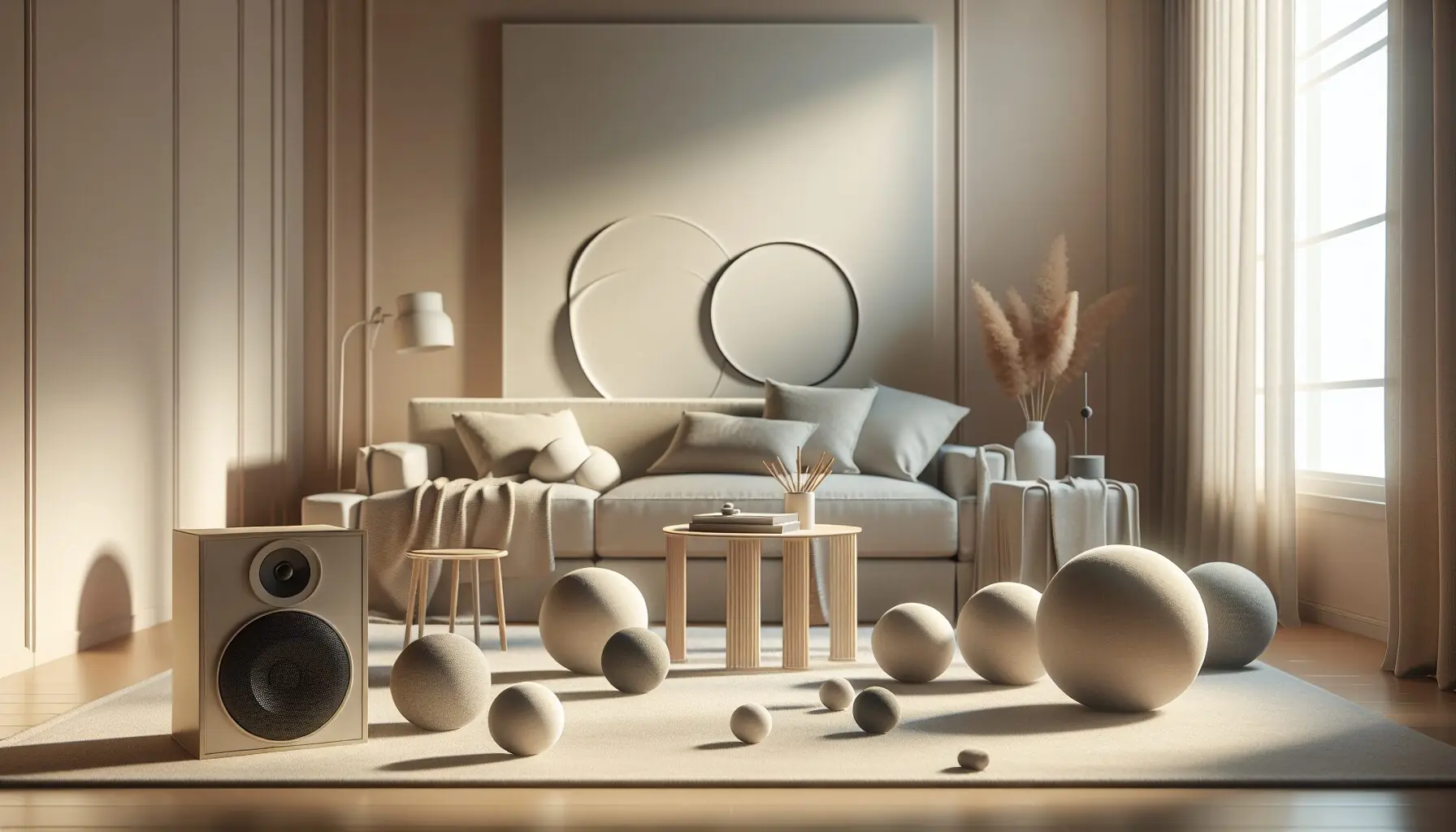 Generate an image of a living room setup with soft fabric circles, a speaker, and open space.