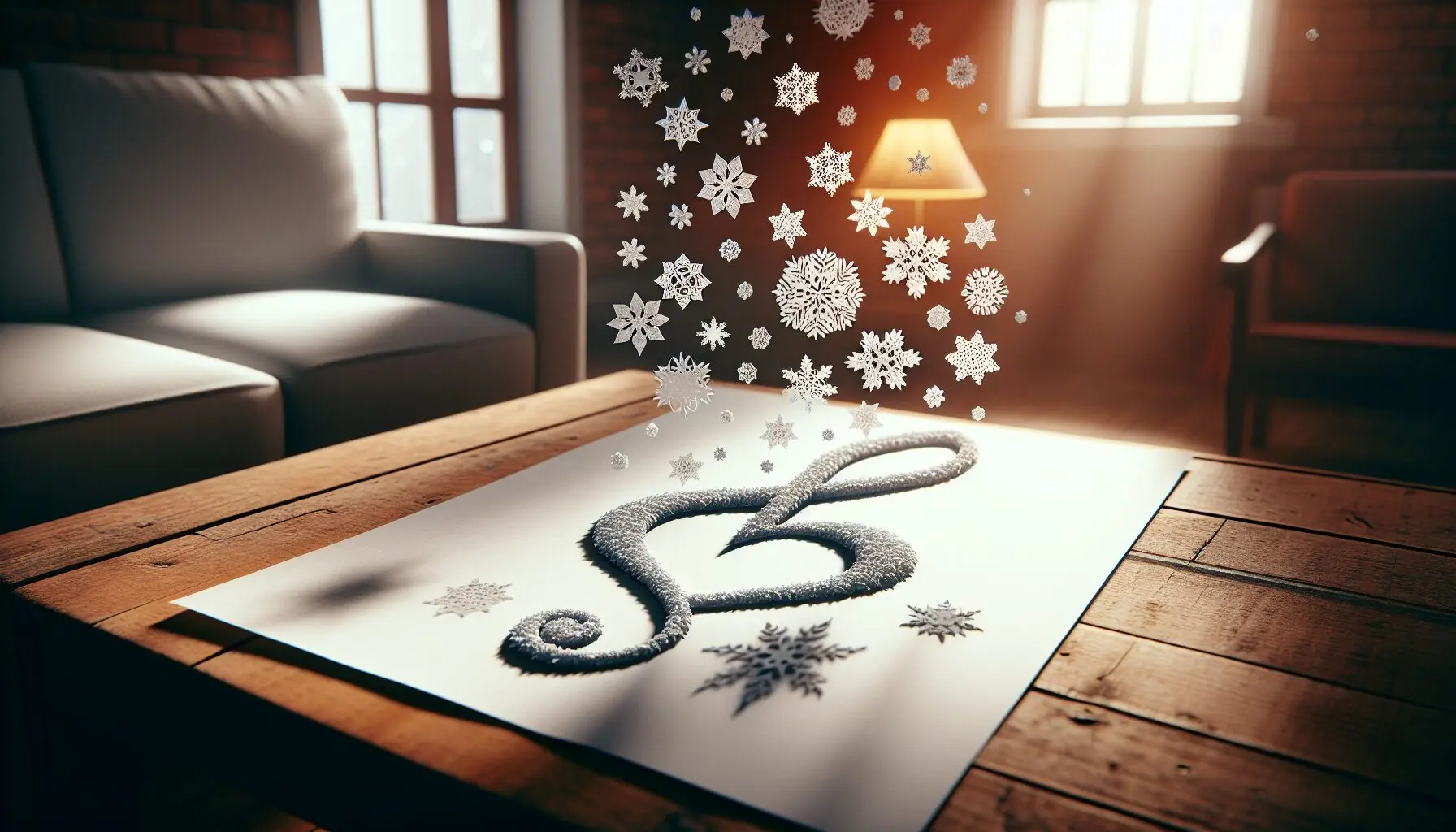 Generate an image of snowflakes swirling around a heart-shaped note, representing music appreciation.