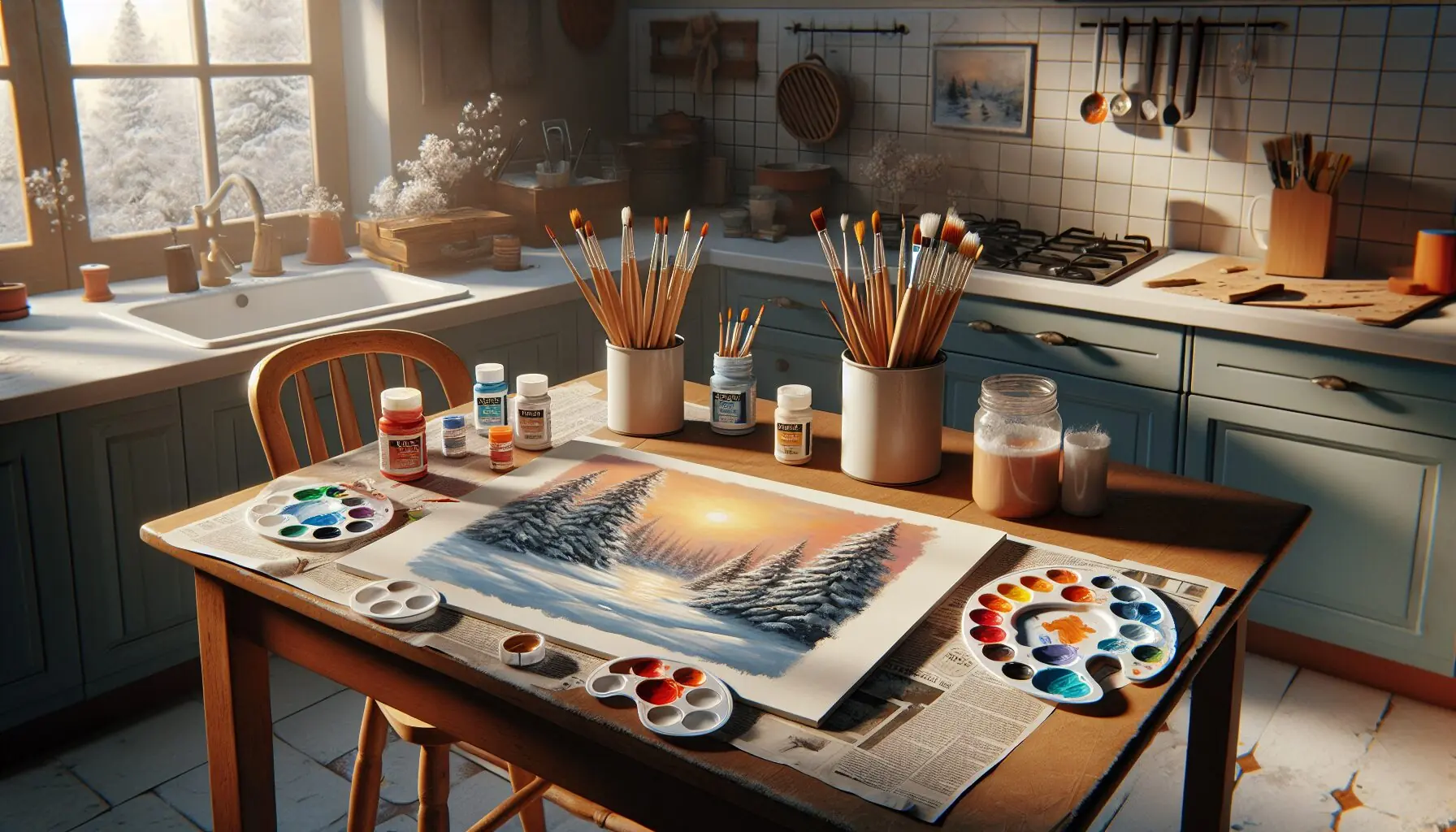 Generate an image of a child’s painting area with paints, brushes, and a colorful canvas in progress.