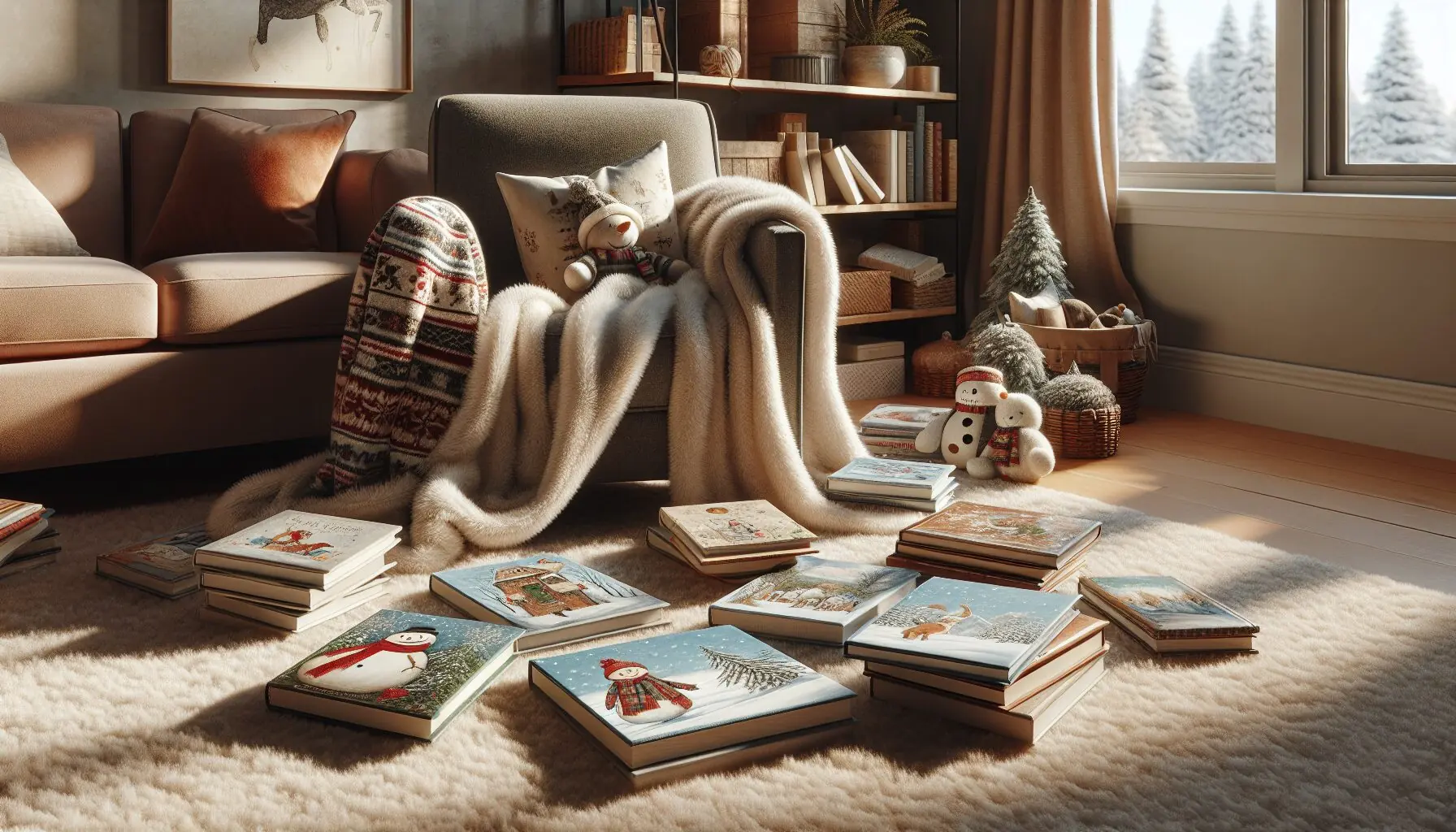 Generate an image of a cozy reading nook with scattered winter-themed books and a comfy chair.