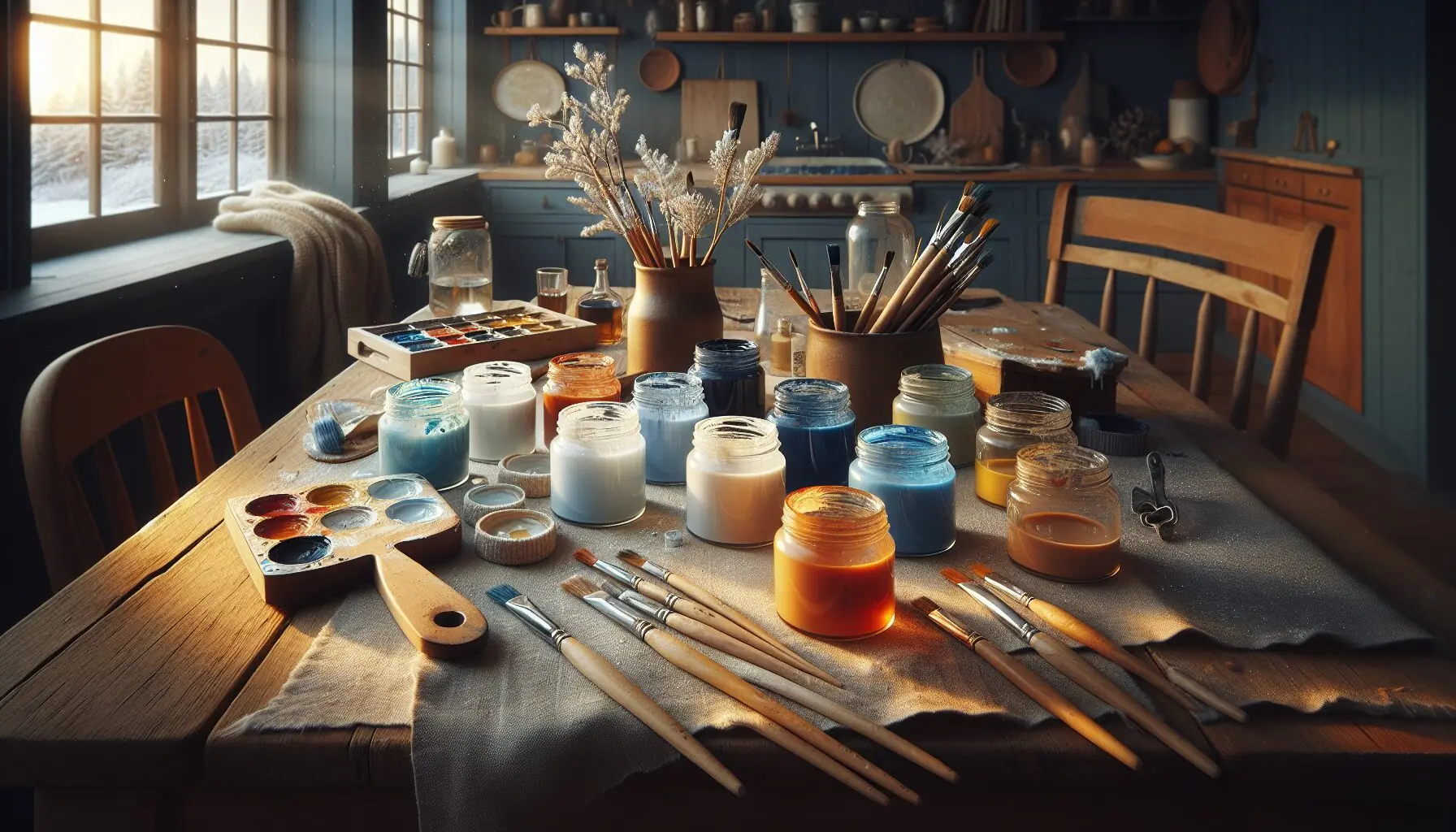 Generate an image of a winter-themed color palette with paints and brushes on a wooden table.