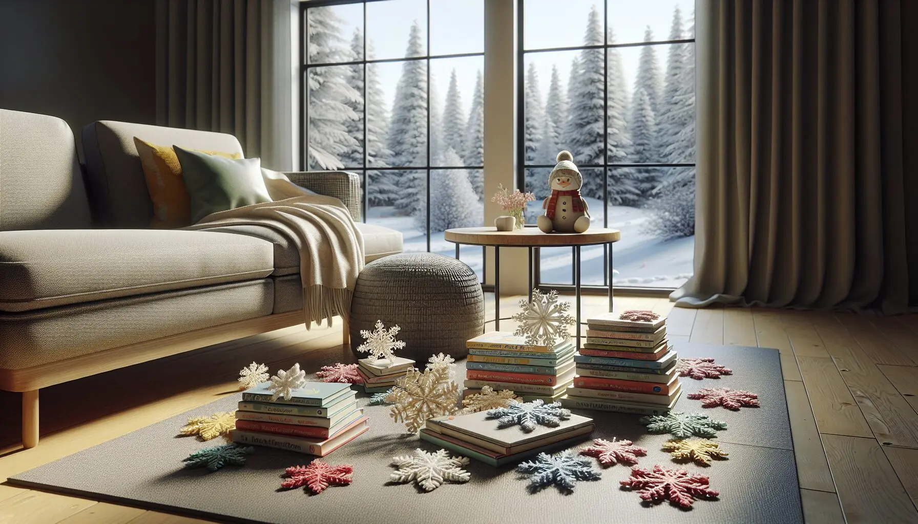 Generate an image of snowflakes and winter scenery set next to a stack of colorful children's books.