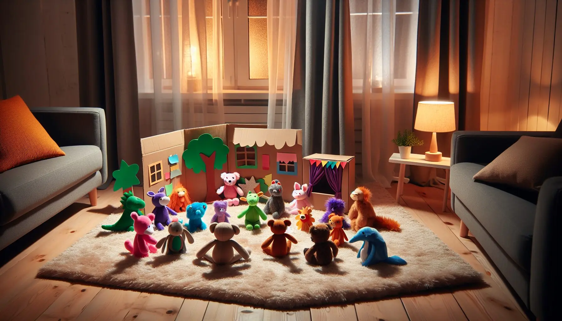 Generate an image of a colorful children's theater setup with plush toys and simple homemade props.