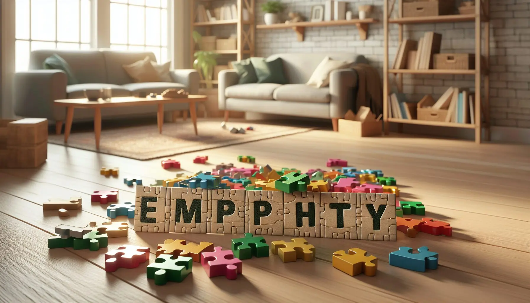 Generate an image of puzzle pieces forming the word 'Empathy' surrounded by colorful children's blocks.