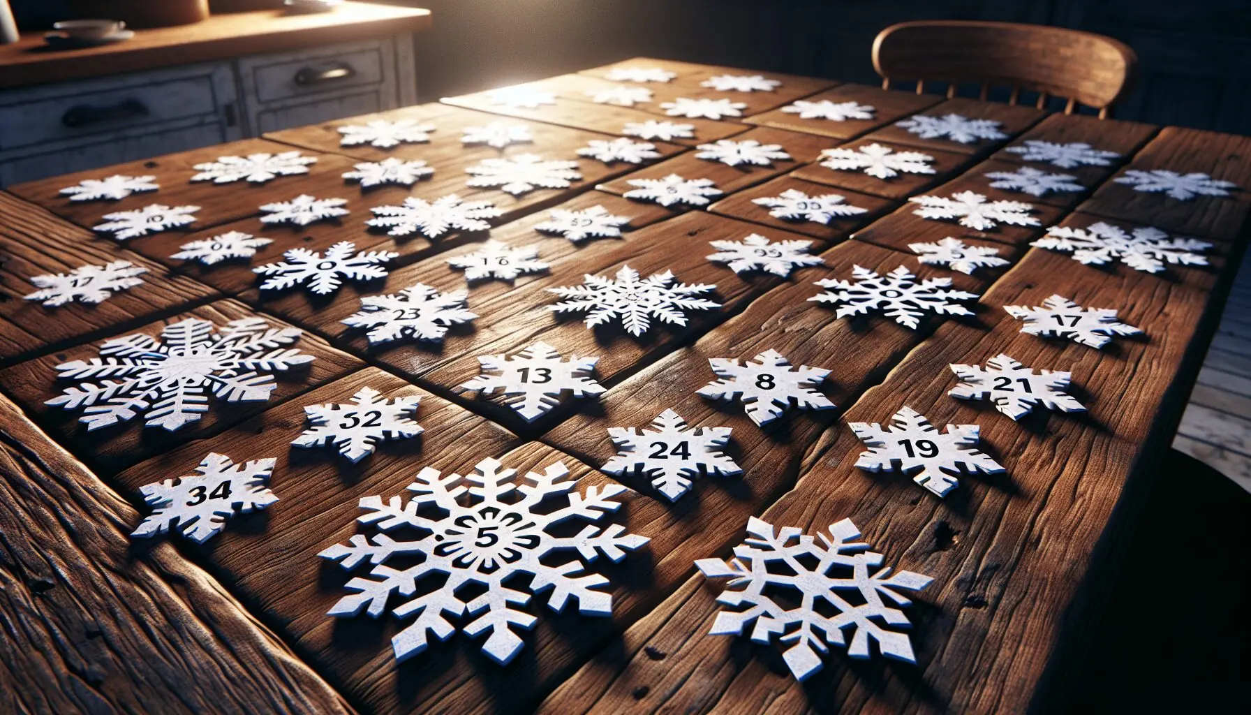 Generate an image of paper snowflakes with numbers written on them scattered on a wooden table.