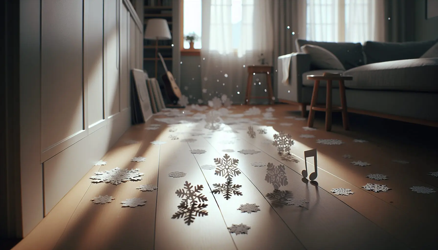 Generate an image of softly falling snowflakes around a musical note.