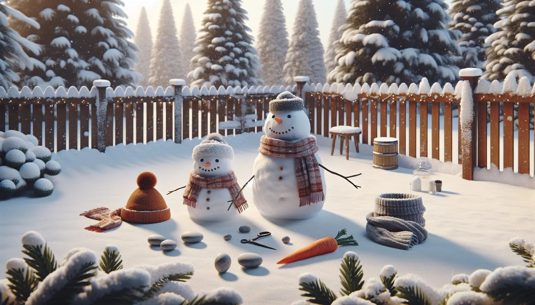 Generate an image of a snow-compelled yard, capturing the essence of playful arranging and setting with materials laid out artistically, anticipating a build.