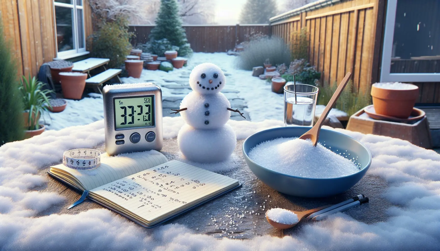 Generate an image showing salt sprinkled on one side of a snowman with warm water and timer nearby.