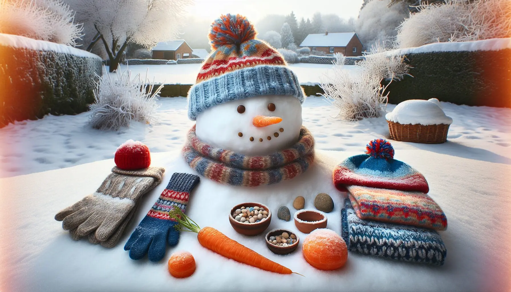 Generate an image of a serene snow-laden yard adorned with colorful snowman building materials like a carrot nose, stone eyes, scarf, and hat.