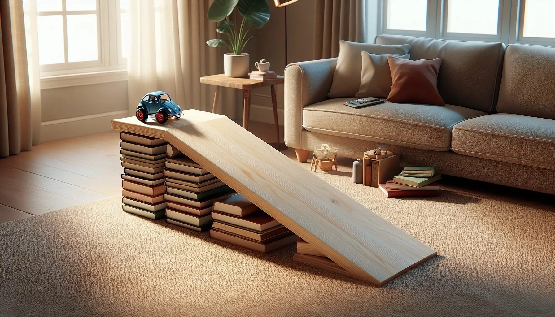Generate an image of a simple wooden ramp setup with books and toy cars.