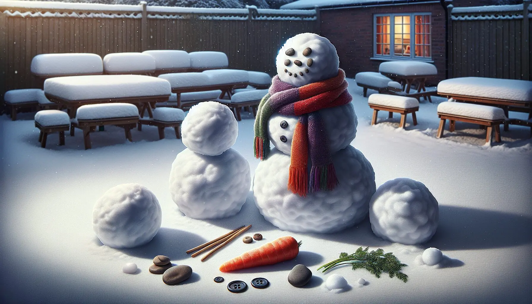 Generate an image of three snowballs of differing sizes arranged on top of each other with additional accessories like a scarf, carrot, buttons, and sticks laid nearby.