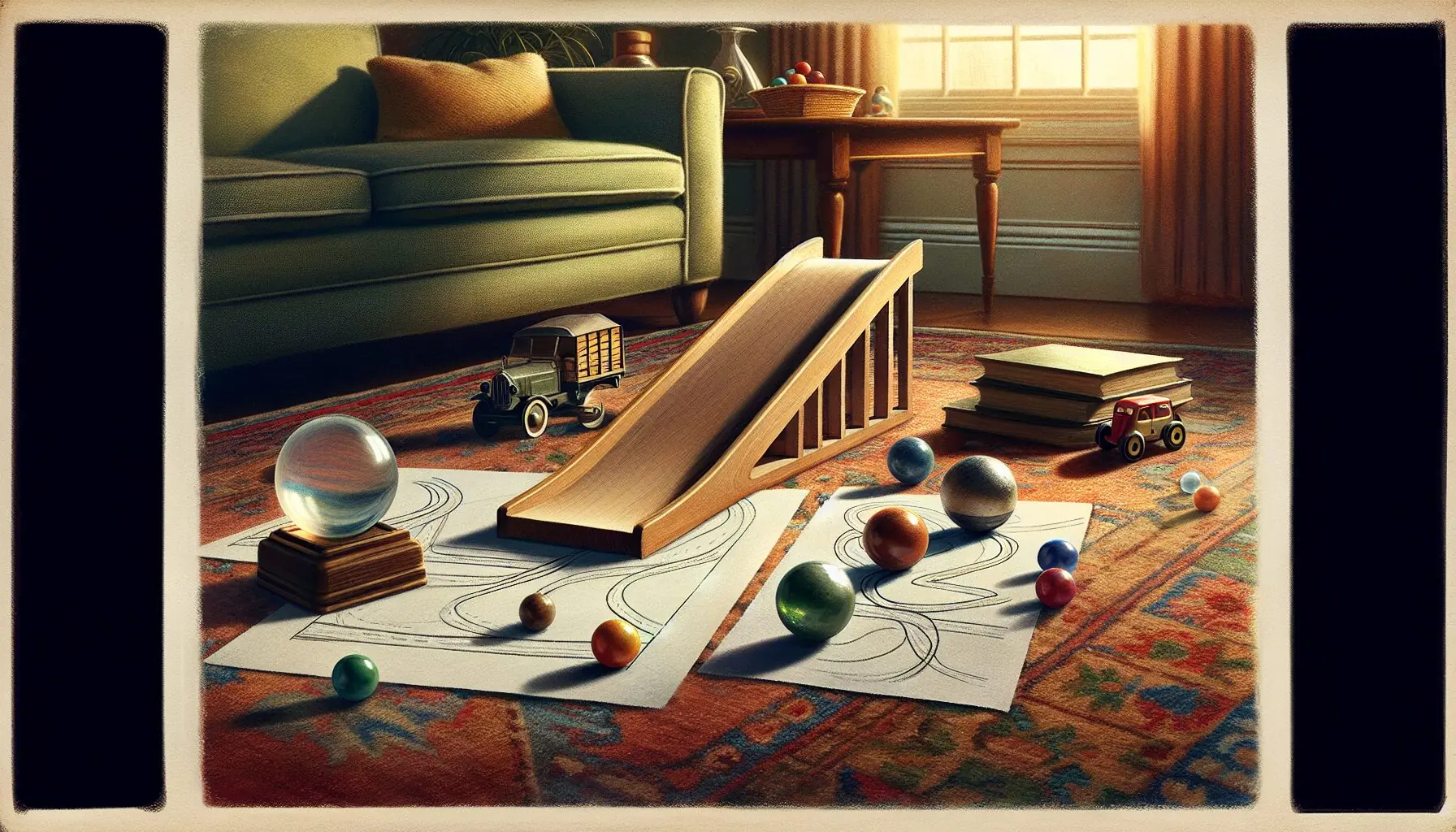 Generate an image illustrating a child's hand drawing observations of rolling balls.