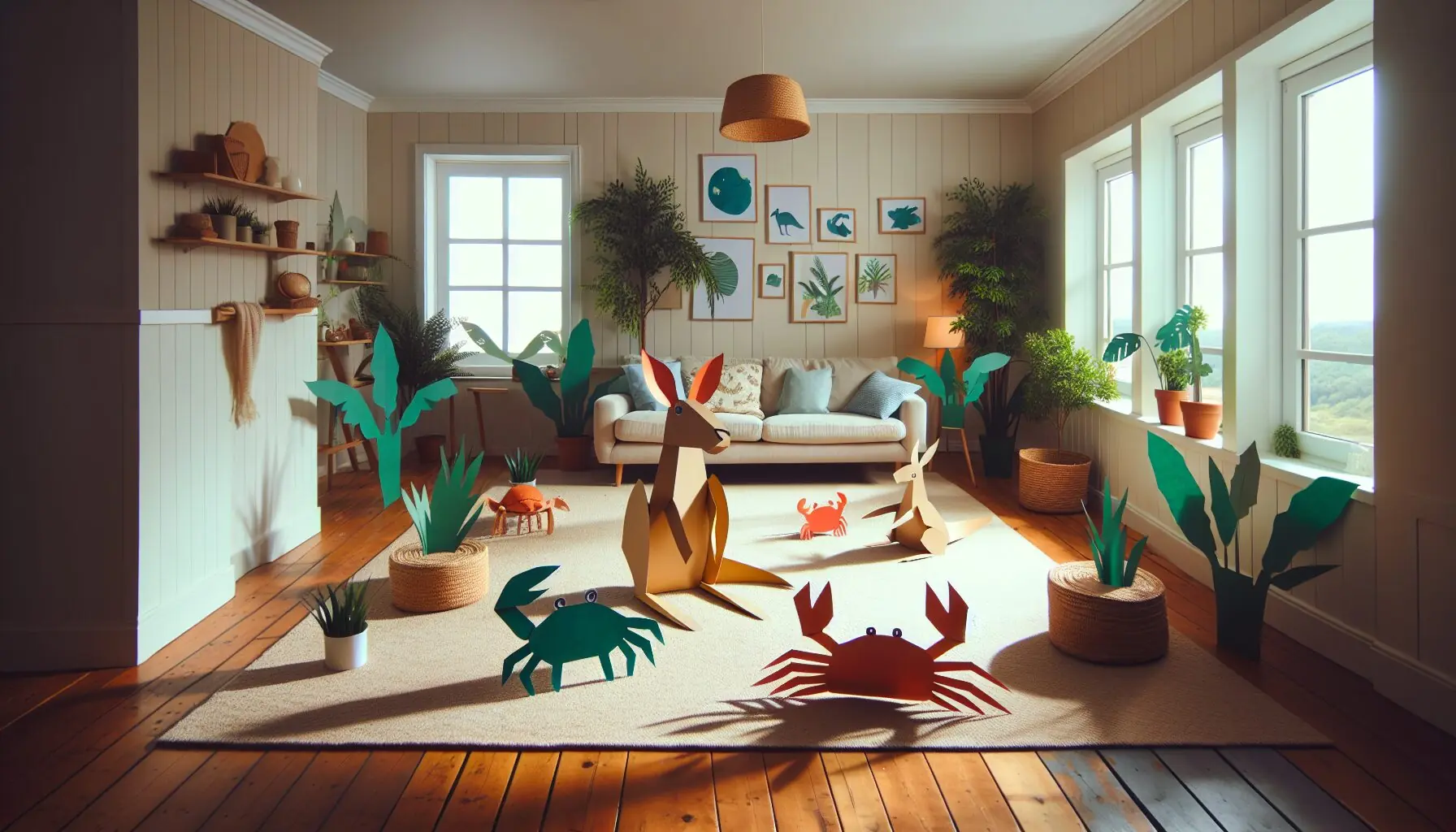 Generate an image of a colorful jungle-themed room with handmade animals and jungle plants.